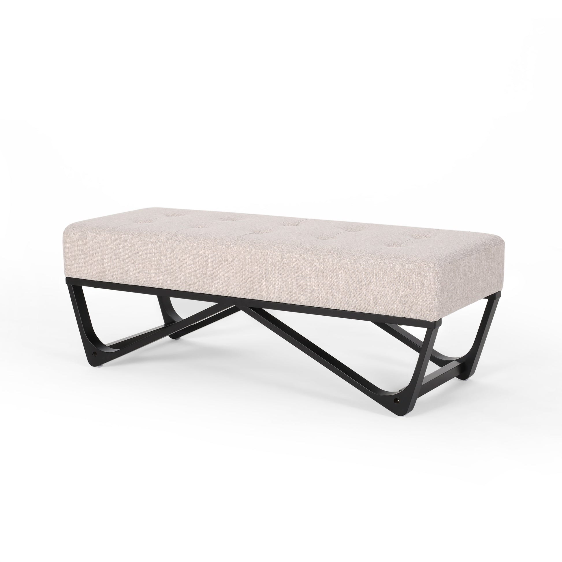 Tufted beige upholstered bench with modern black wood legs