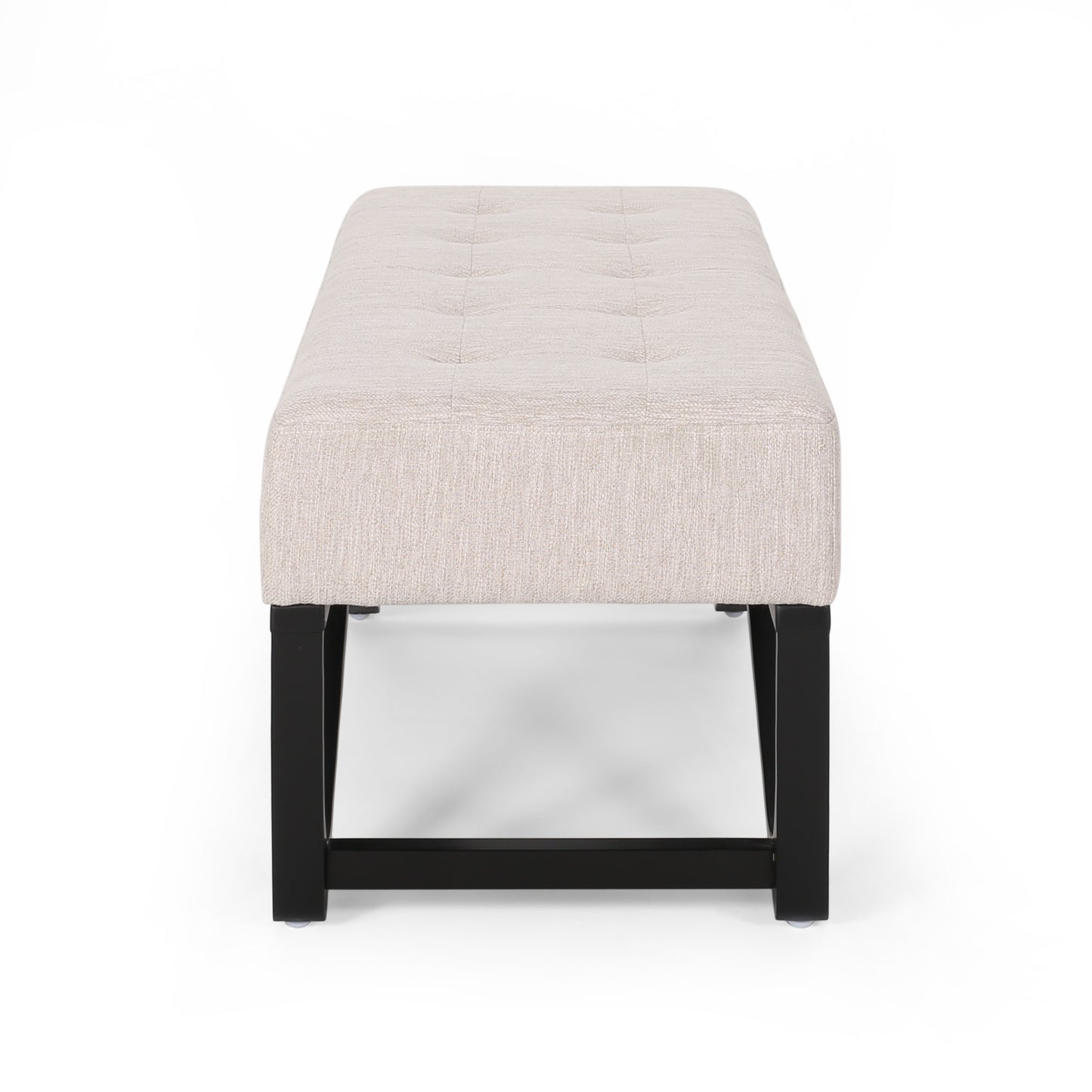 Tufted beige linen bench with black wooden legs
