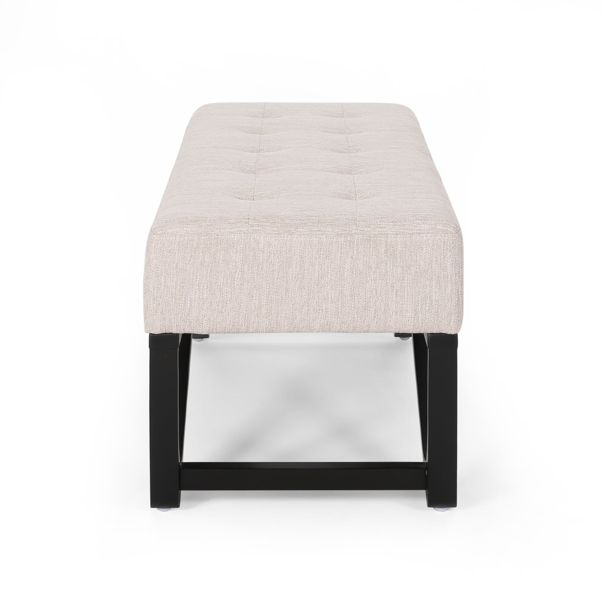 Tufted beige linen bench with black wooden legs