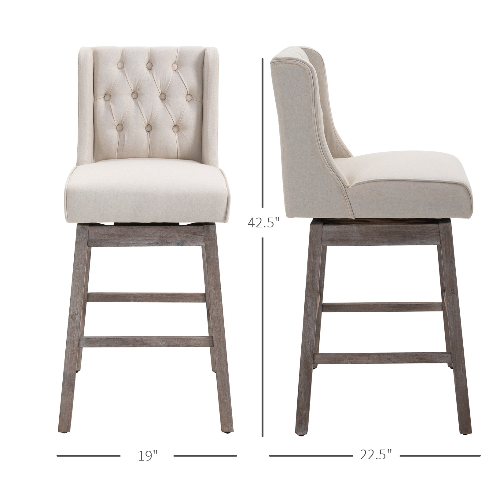 Cream linen tufted bar stool with distressed wood base and swivel seat