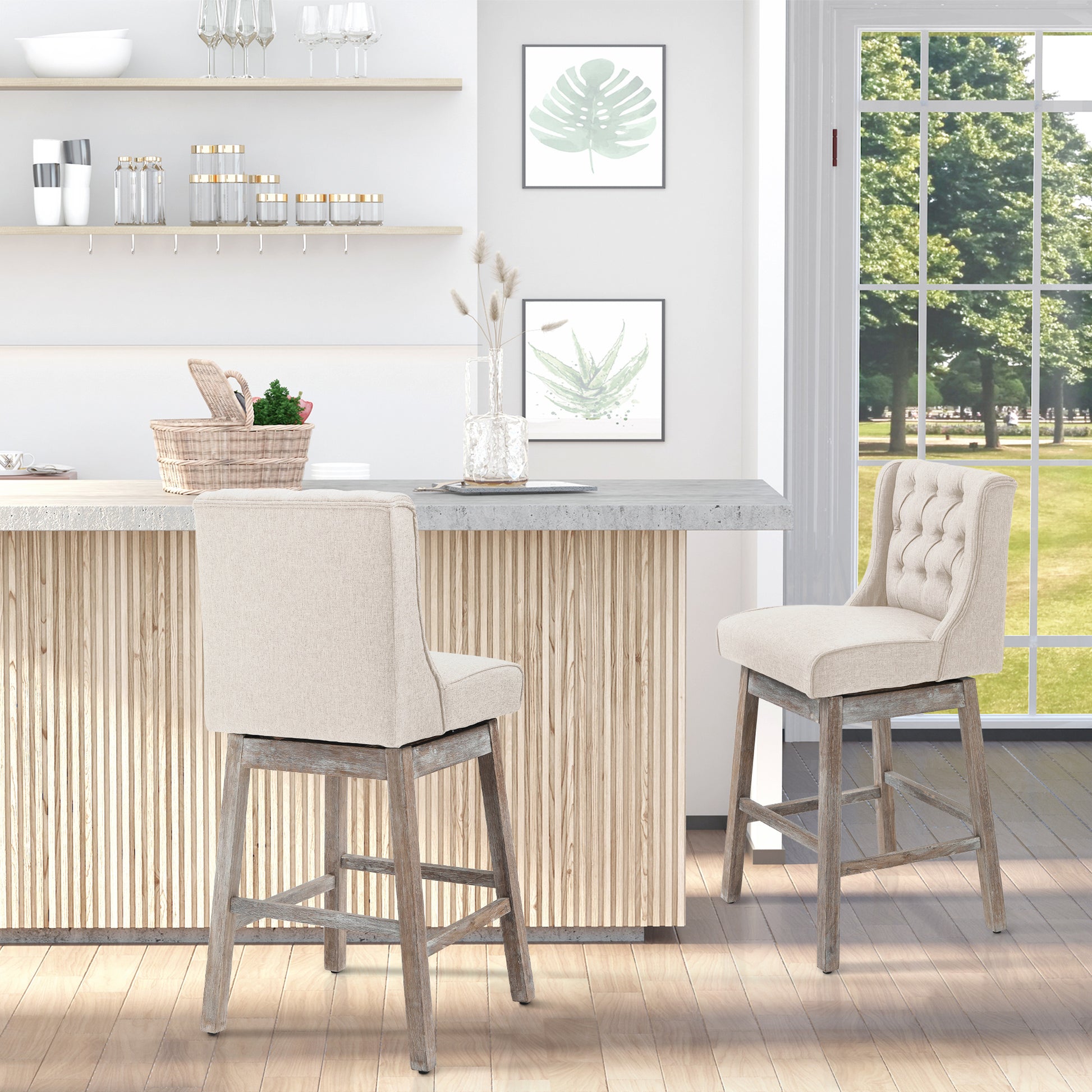 Beige upholstered tufted swivel bar stool with distressed wood legs
