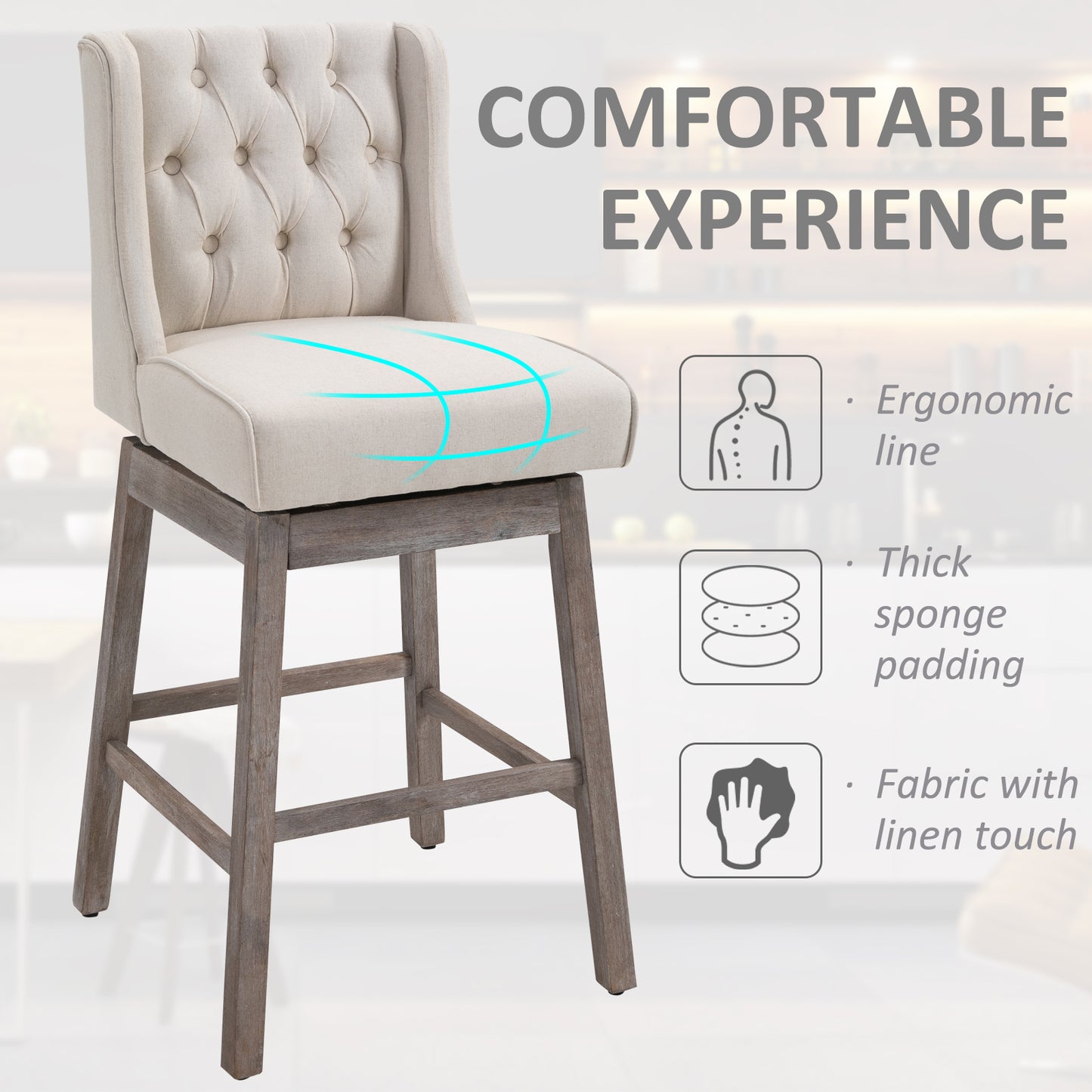 Beige linen upholstered swivel bar stool with button tufting and distressed wood legs