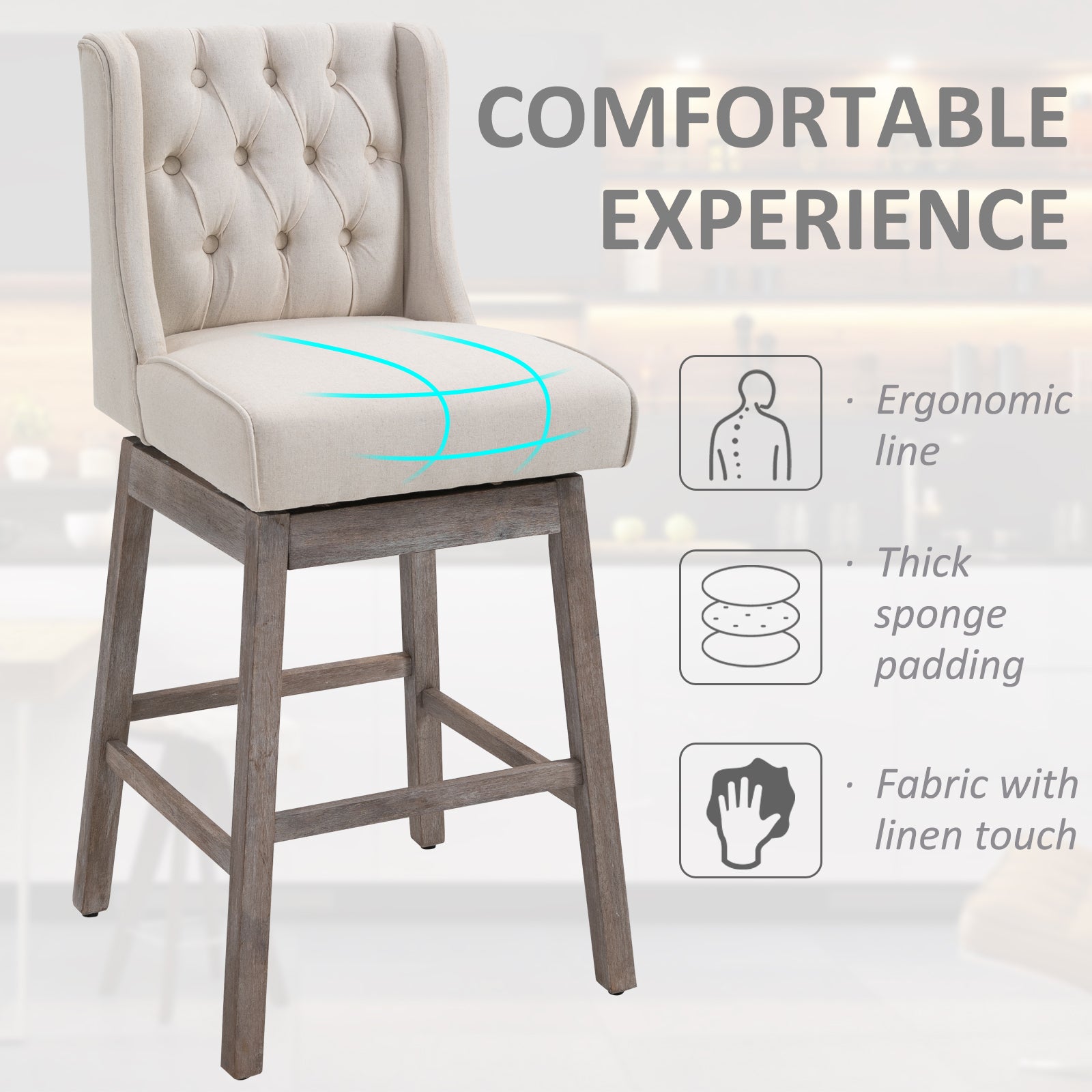 Beige linen upholstered swivel bar stool with button tufting and distressed wood legs