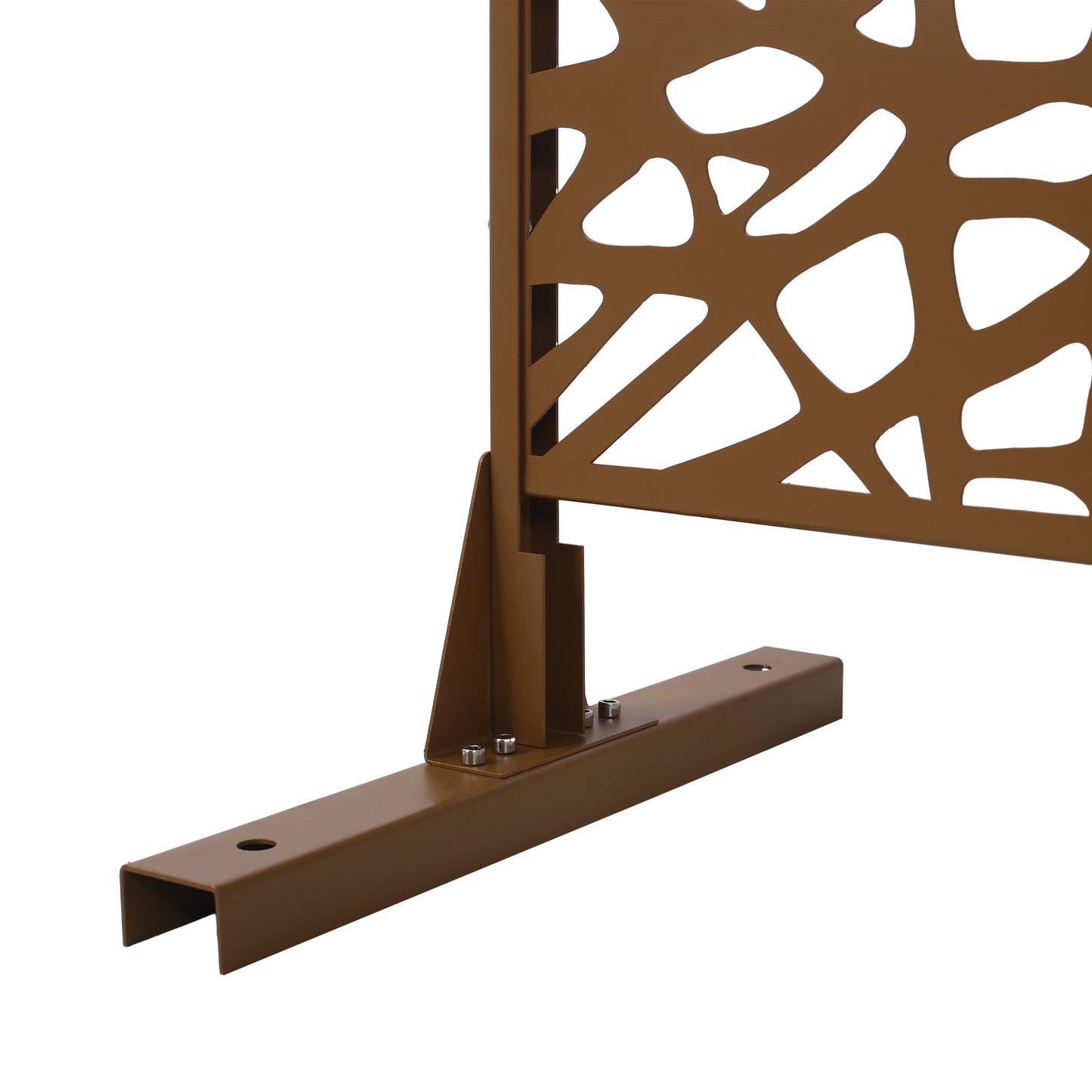 Bronze metal privacy screen panel with abstract cutouts and base support
