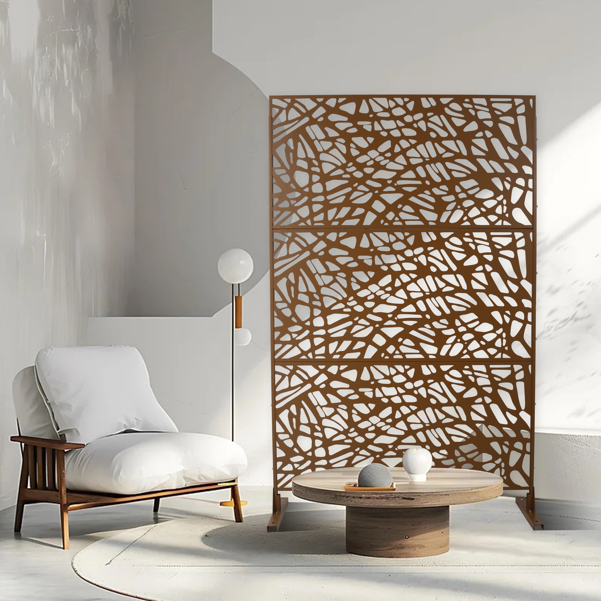 Brown metal garden screen with abstract cutout design perfect for outdoor privacy