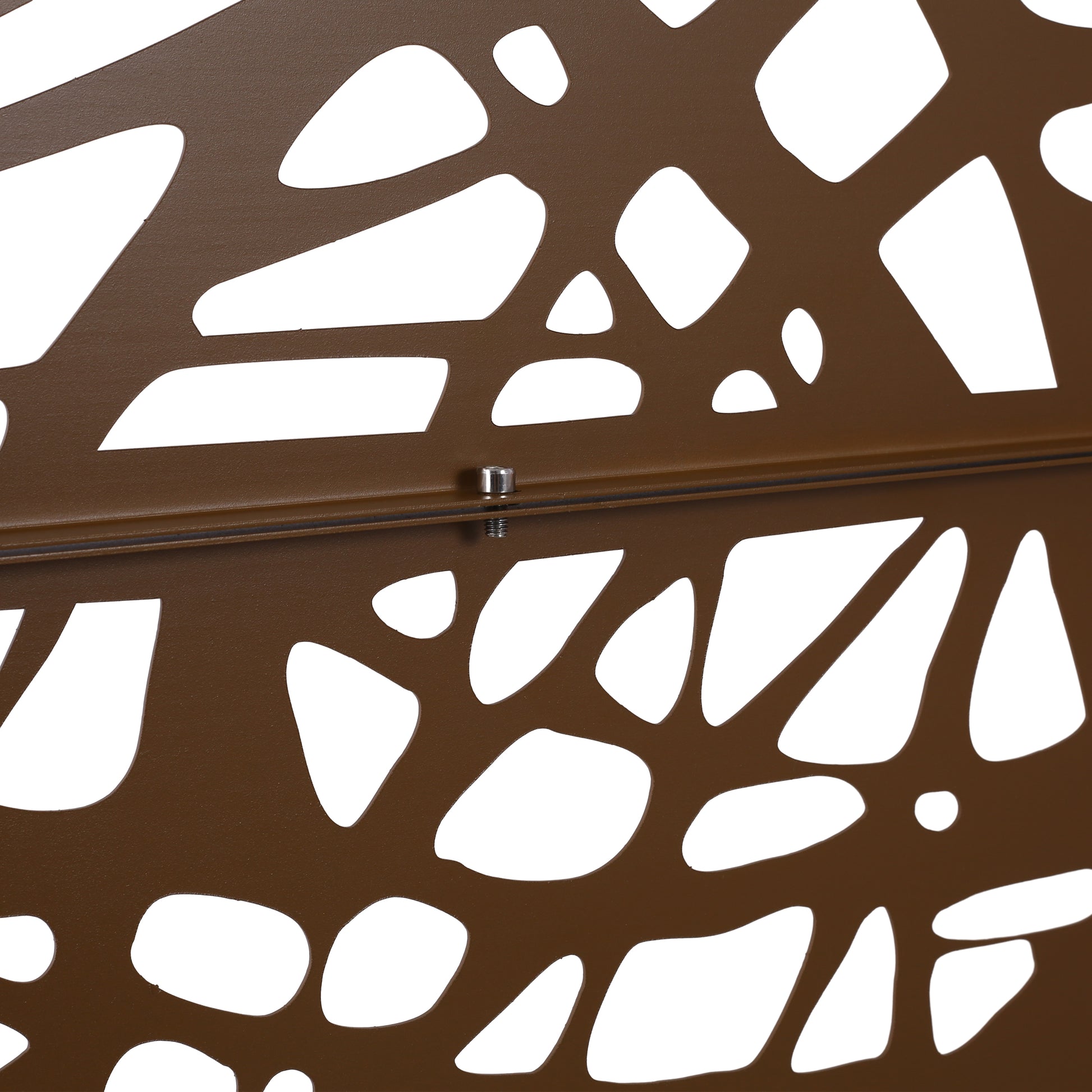 Brown metal privacy screen with an organic cutout leaf pattern for outdoor patios
