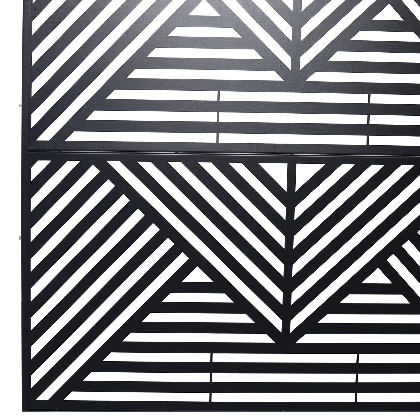 Black metal garden gate with modern geometric diagonal stripe pattern