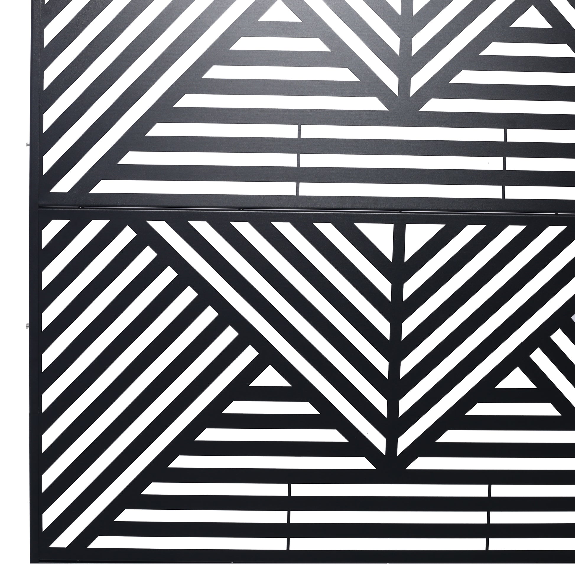 Black metal garden gate with modern geometric diagonal stripe pattern