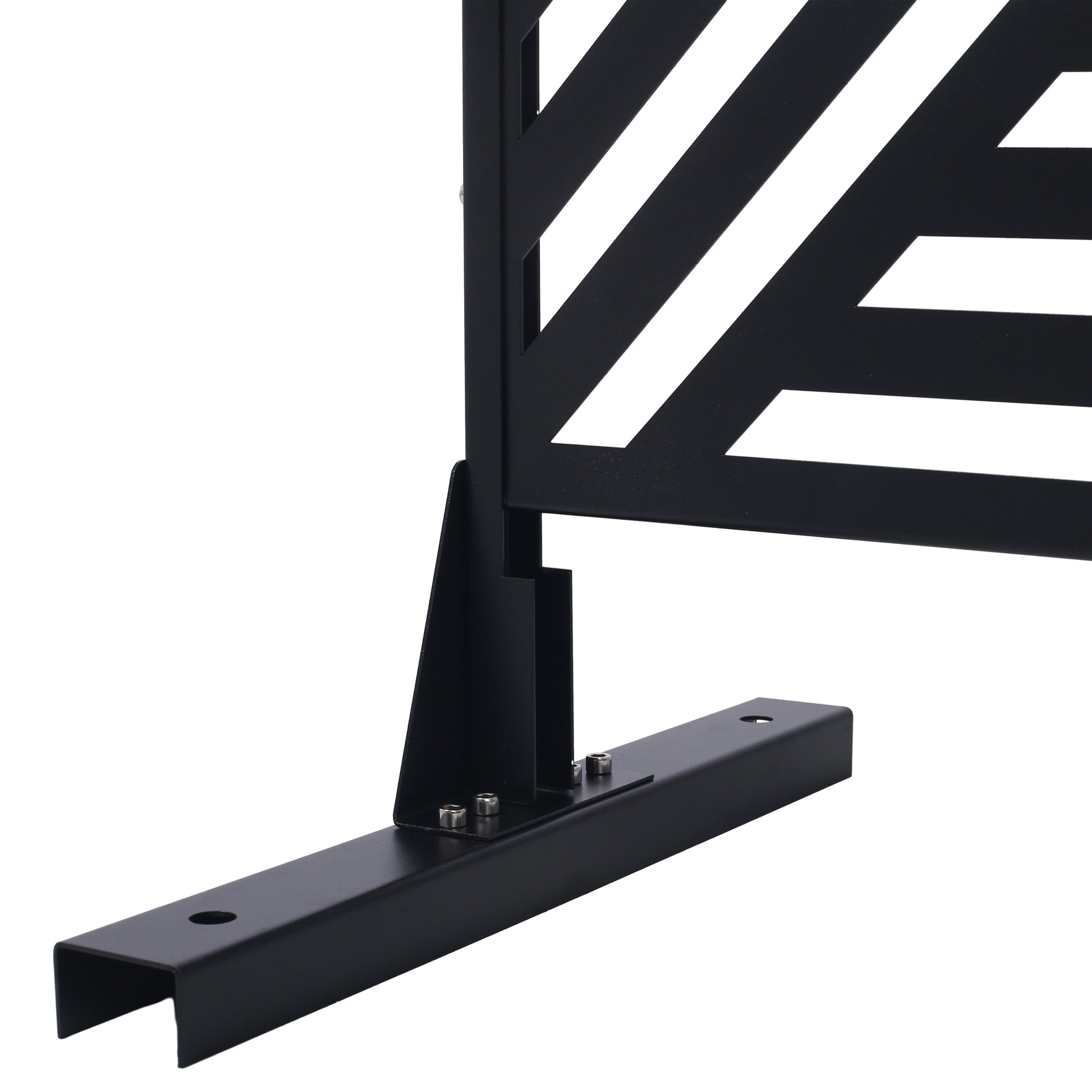Black metal privacy screen panel with angled slats and base support