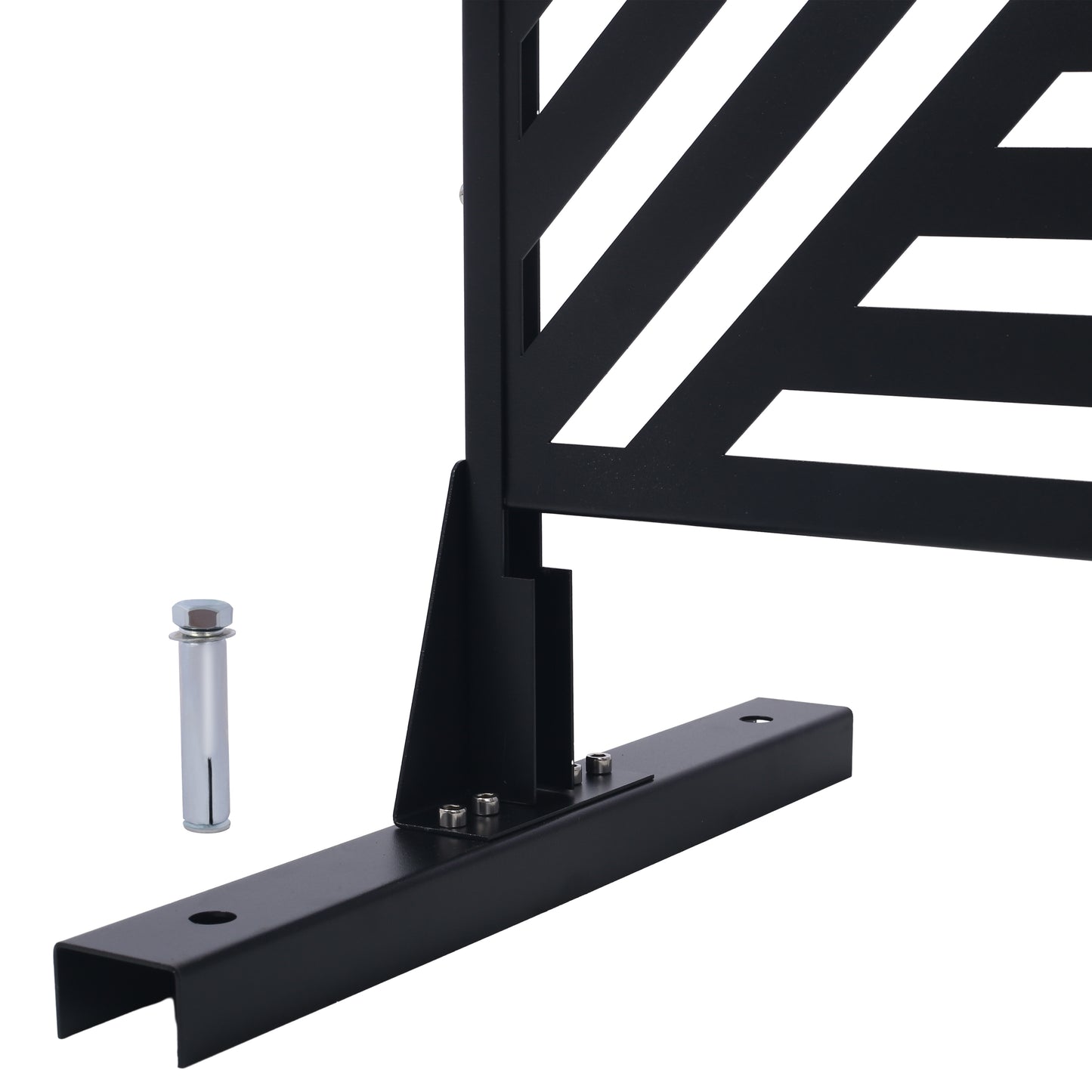 Black metal privacy screen section with diagonal white stripes and mounting base