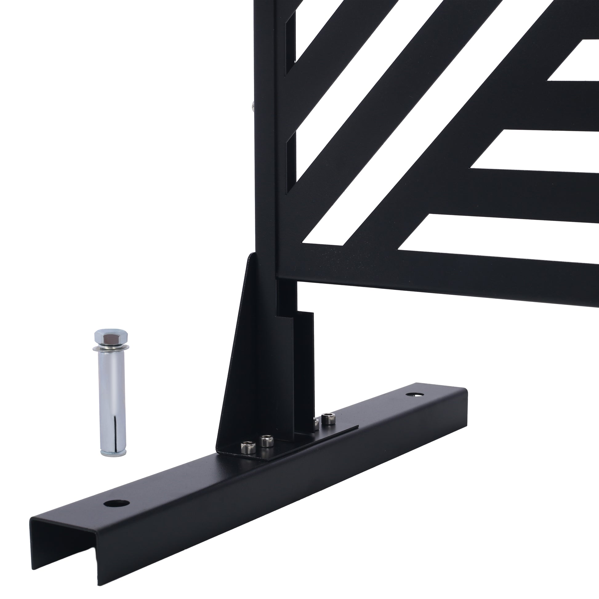 Black metal privacy screen section with diagonal white stripes and mounting base