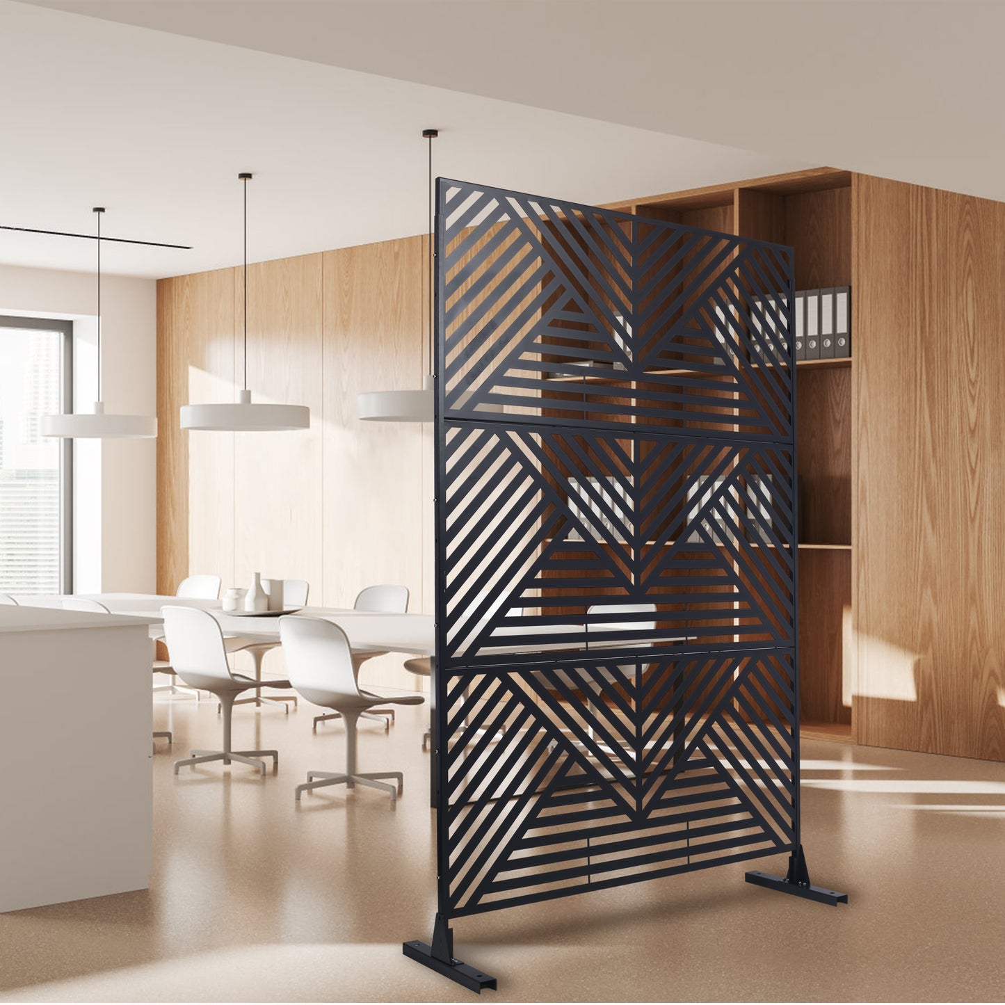Modern black geometric room divider with a striking patterned screen design