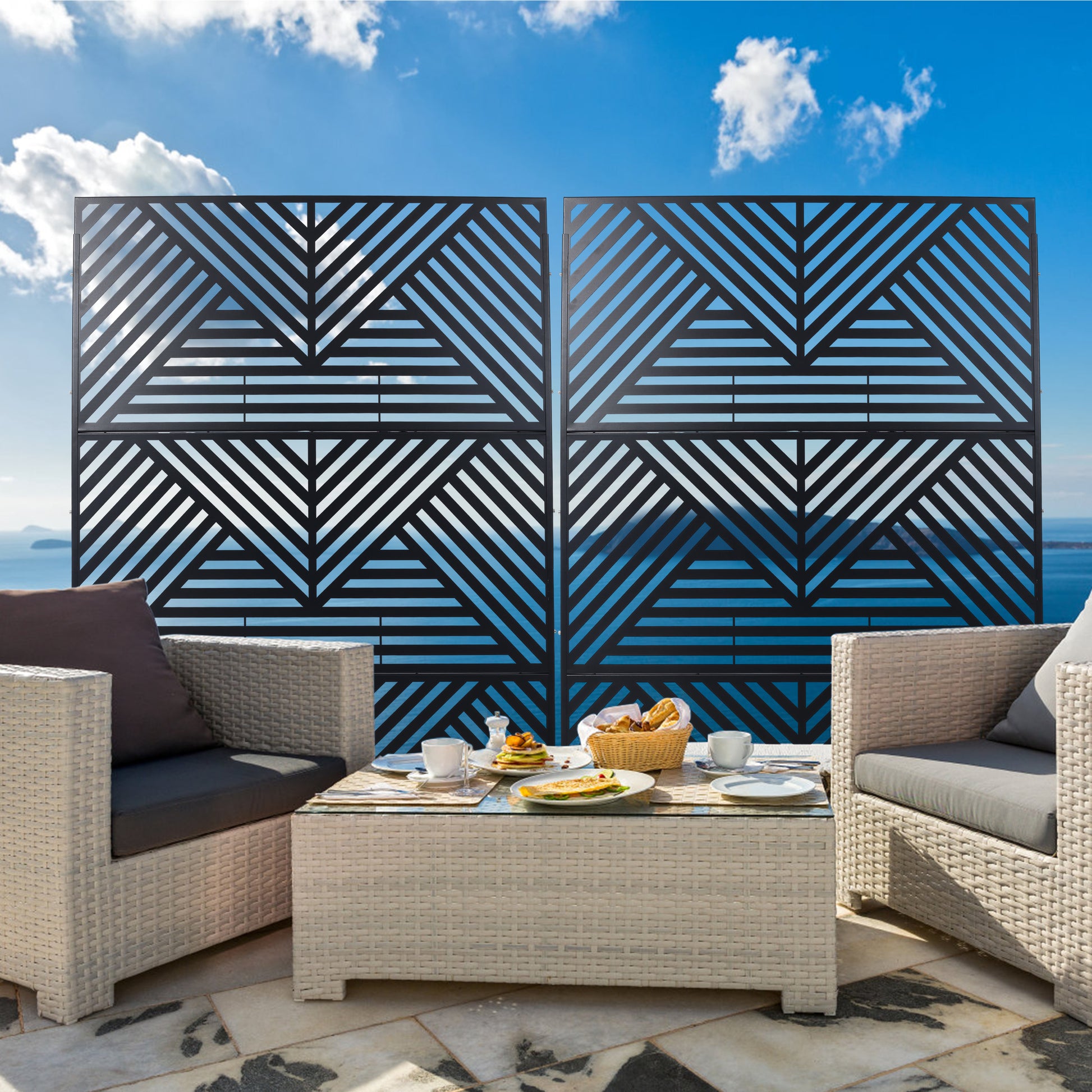 Modern black metal privacy screen with geometric pattern for garden patio
