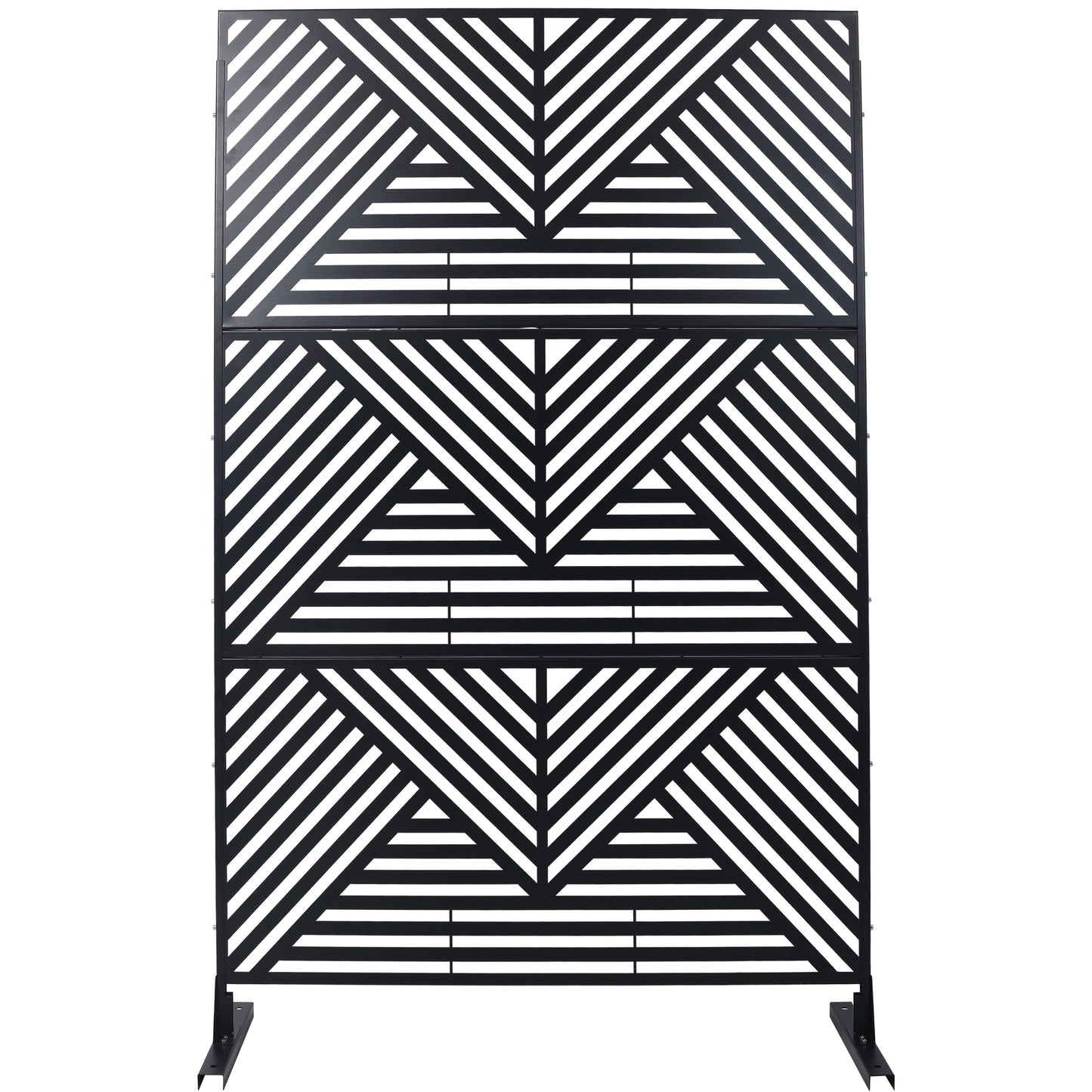 Black metal garden screen with geometric diagonal stripe pattern perfect for outdoor privacy