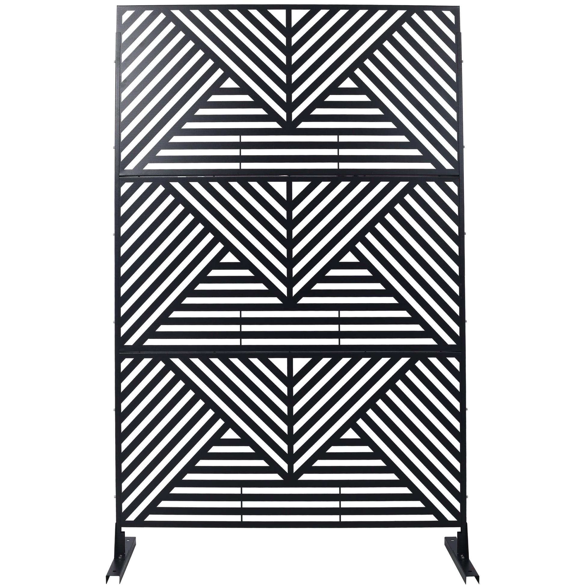Black metal garden screen with geometric diagonal stripe pattern perfect for outdoor privacy