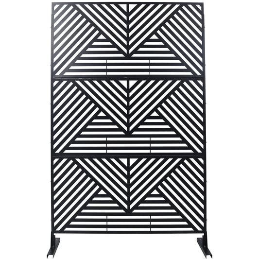 Black metal garden screen with geometric diagonal stripe pattern perfect for outdoor privacy