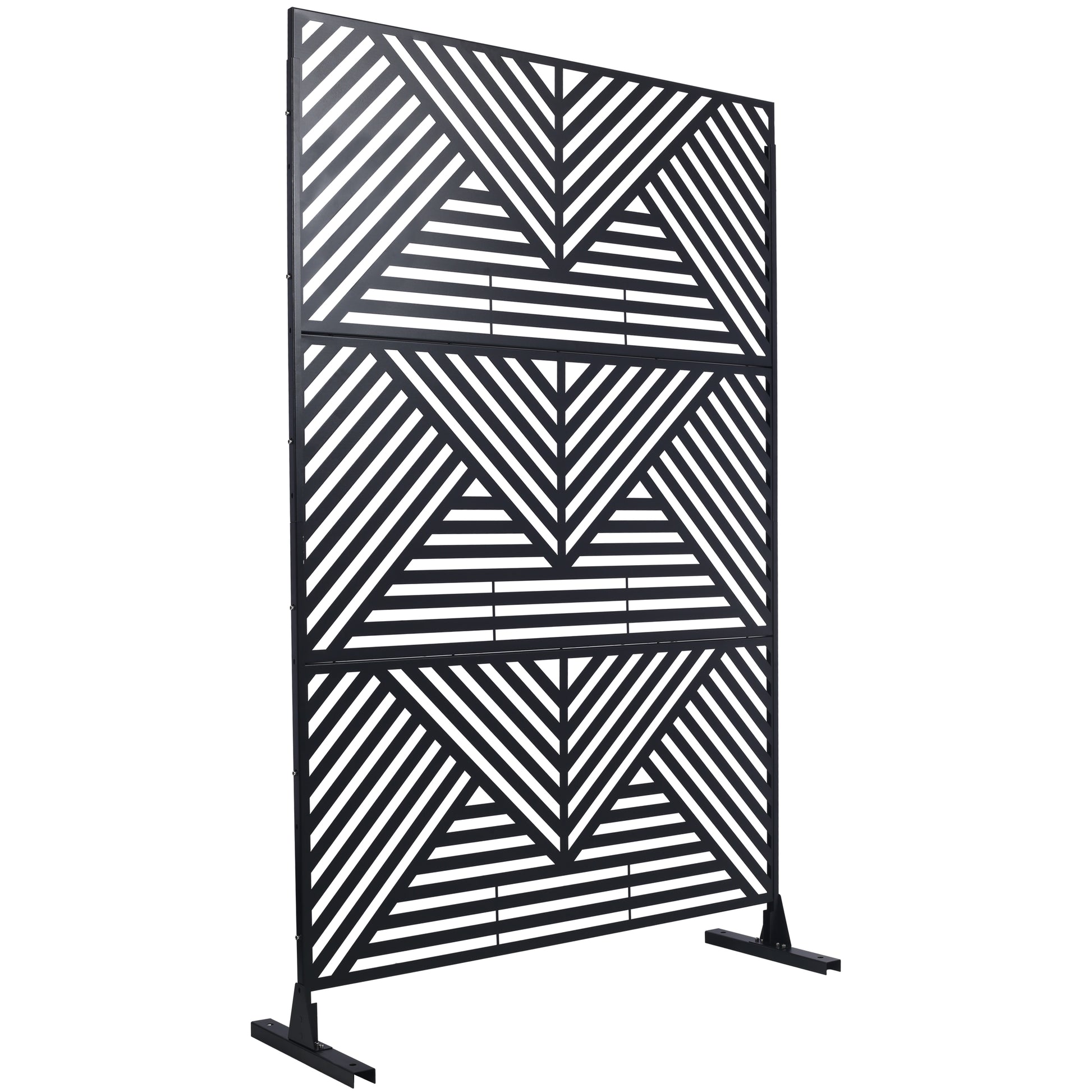 Black metal outdoor privacy screen with geometric pattern