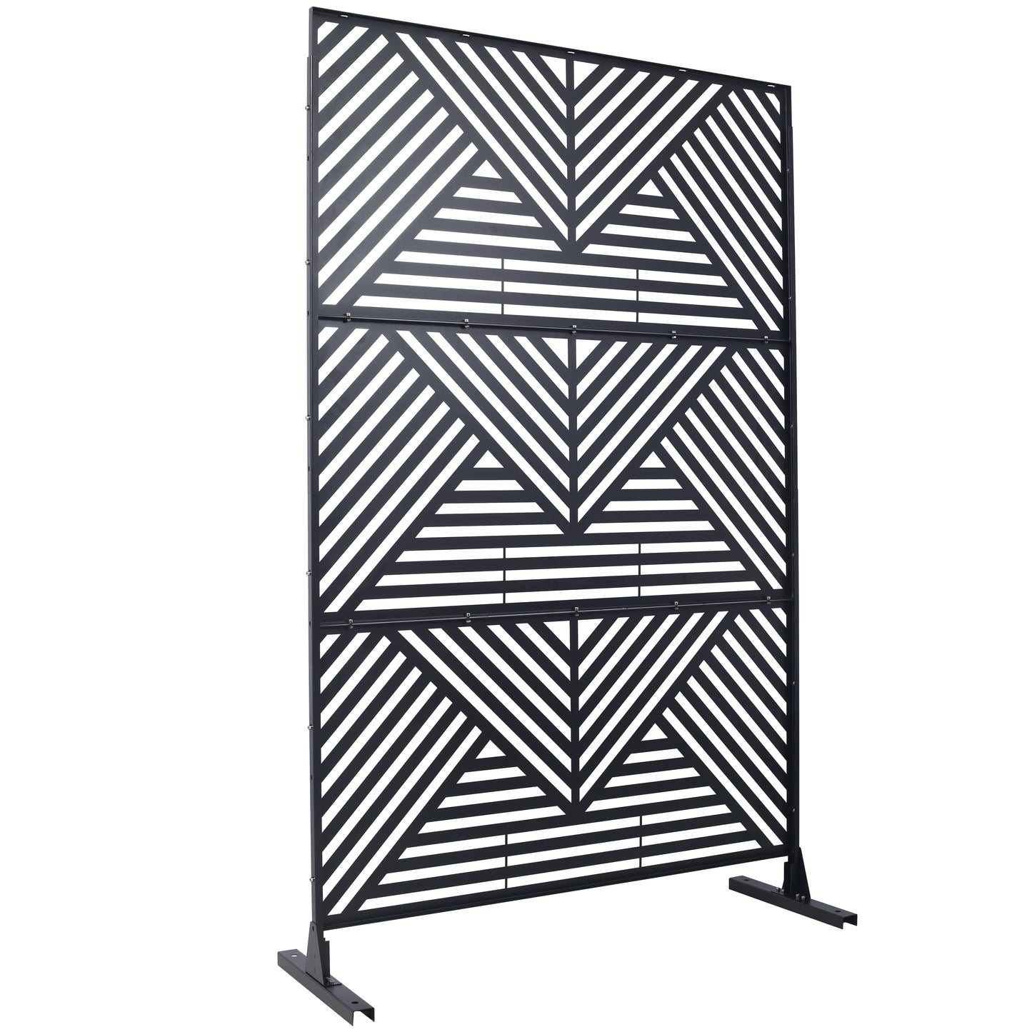 Modern black metal outdoor screen with geometric pattern and base stands