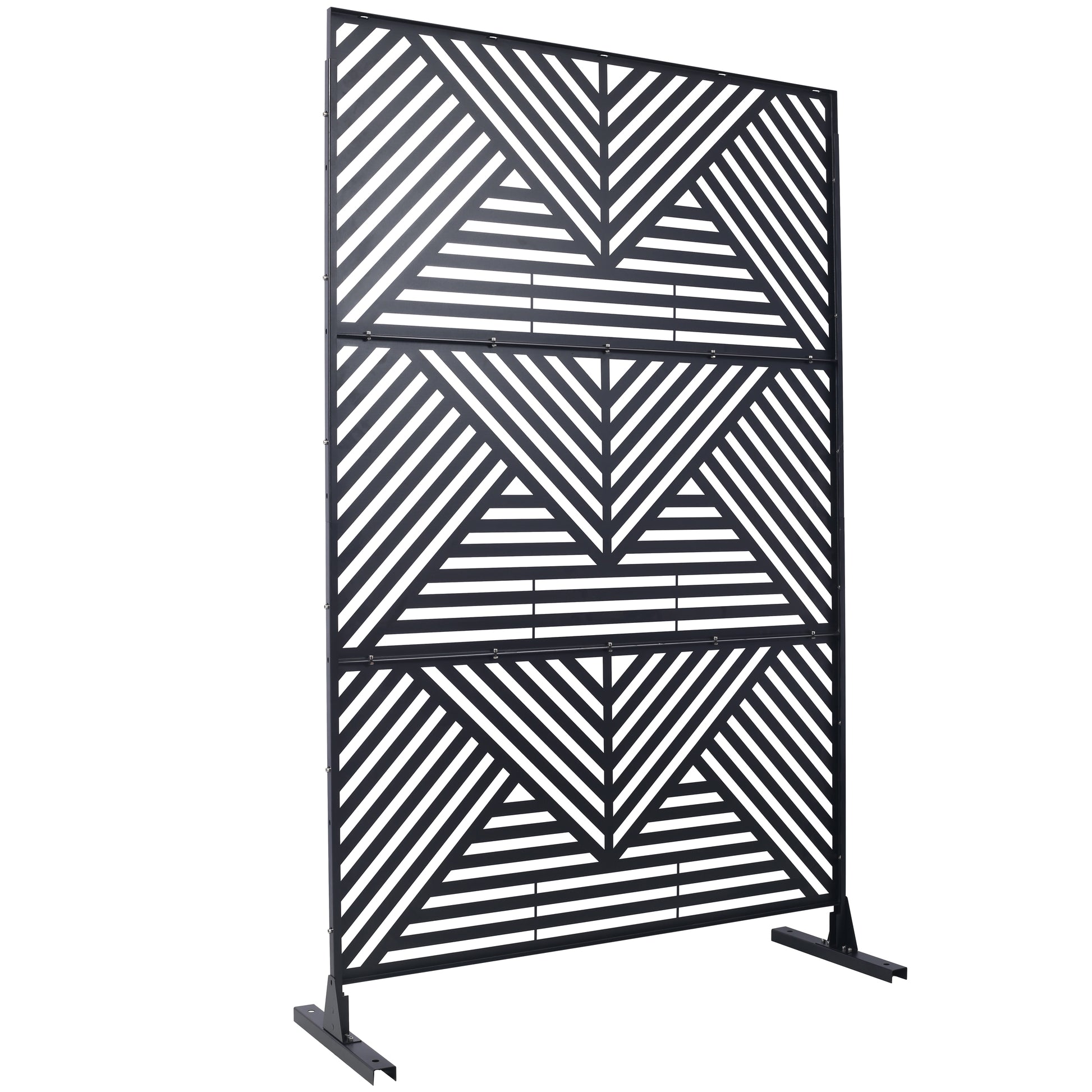 Modern black metal outdoor screen with geometric pattern and base stands