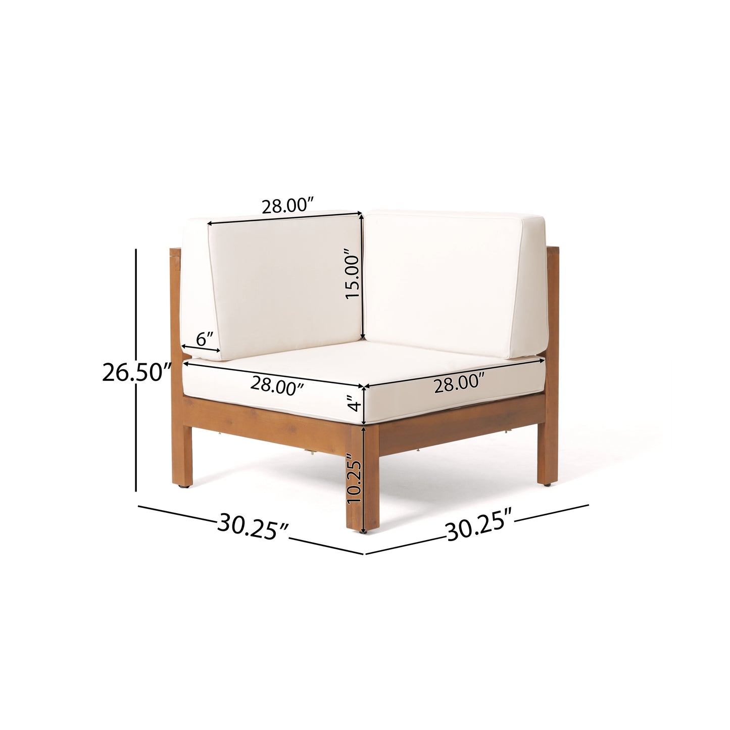 Wooden outdoor sectional corner chair with white cushions  x  seat