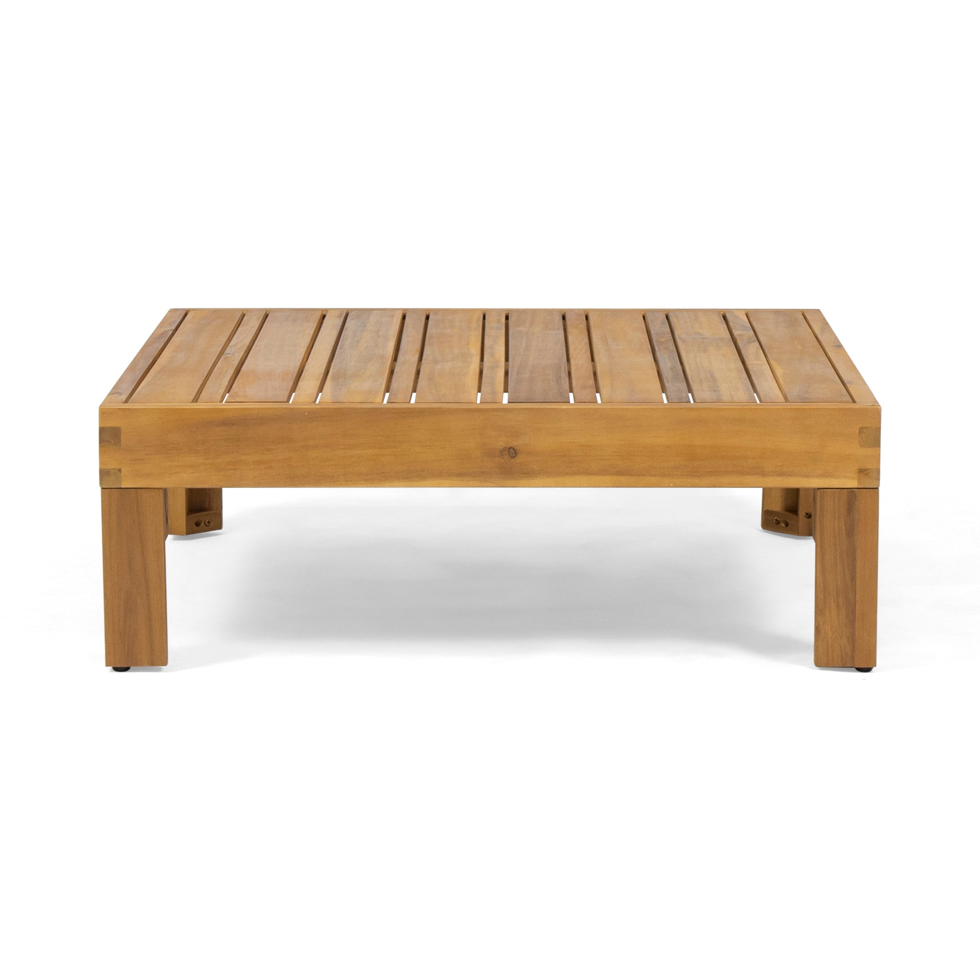 Natural wood slatted square coffee table with clean lines and sturdy legs