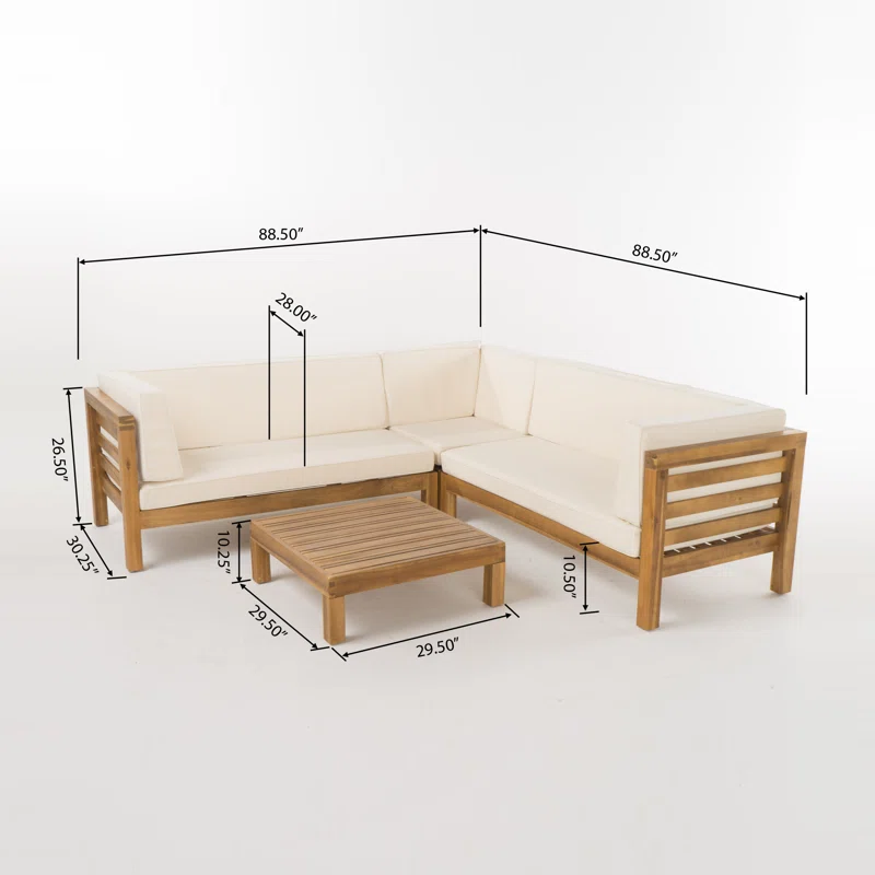 Wooden sectional sofa with cream cushions and matching coffee table for outdoor patios