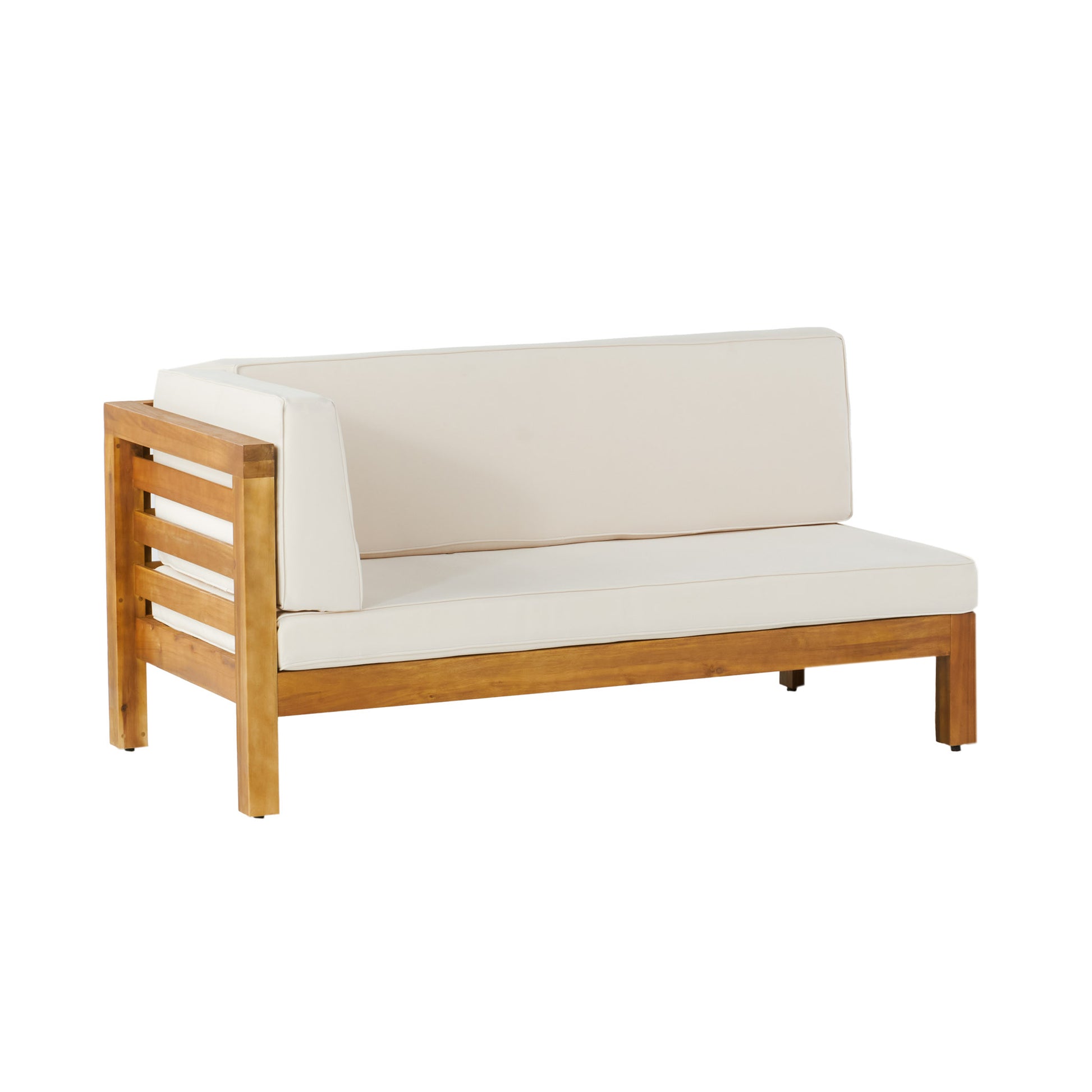 Corner outdoor sofa with slatted teak frame and cream cushions perfect for patios