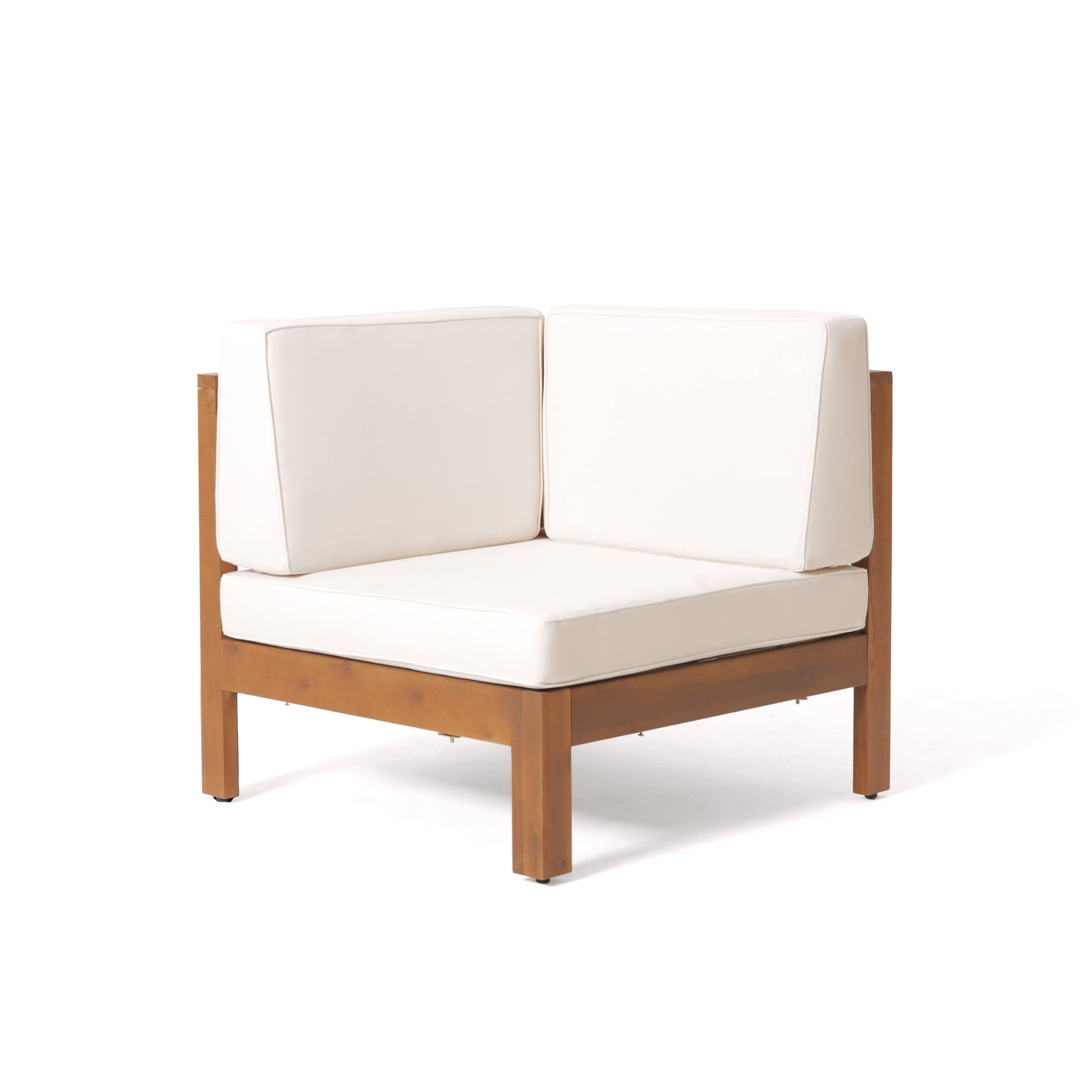 Acacia wood patio sectional corner chair with plush white cushions