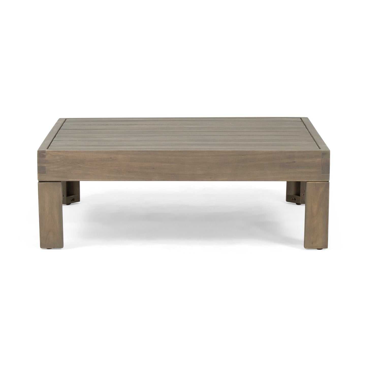 Modern grey wood slat outdoor coffee table with clean lines
