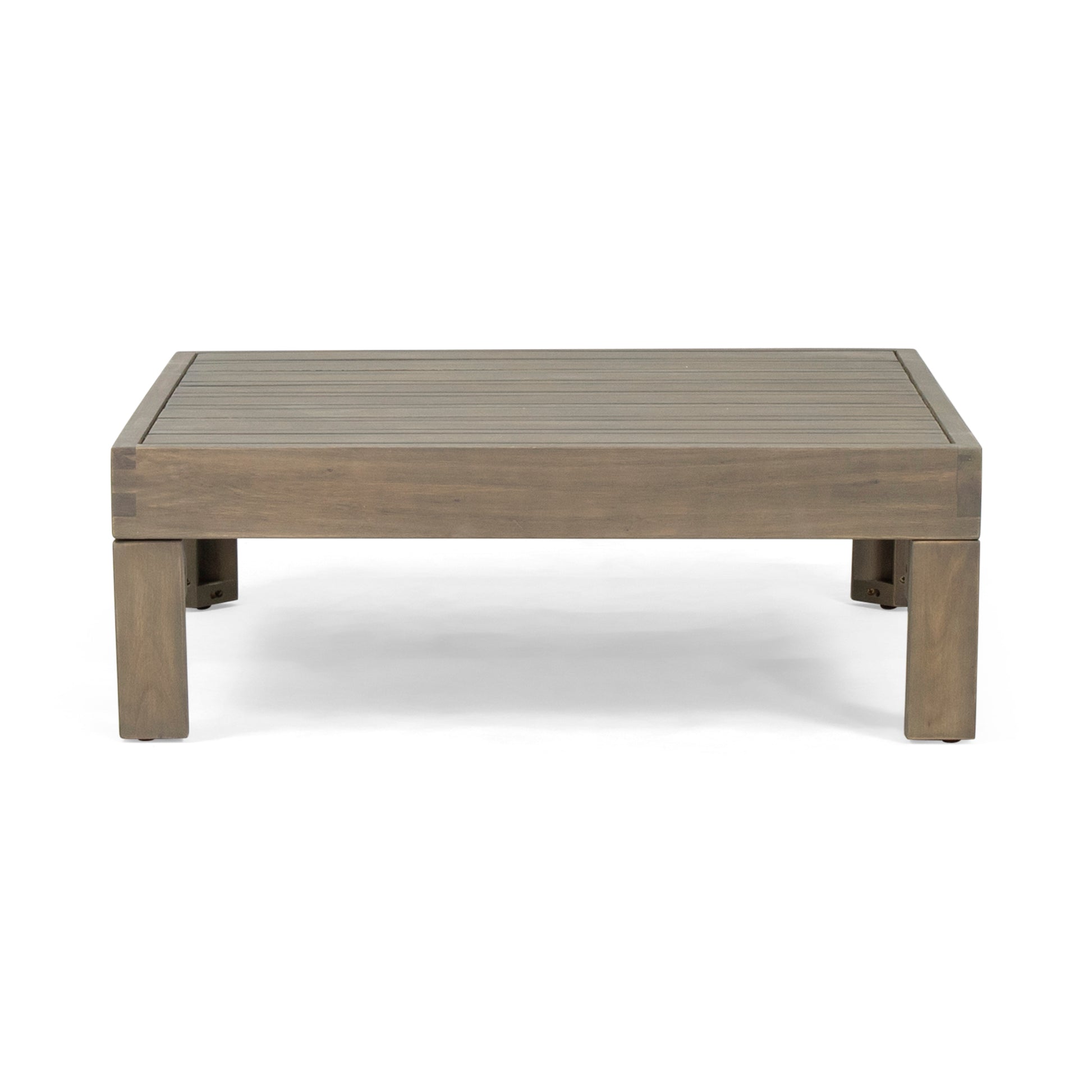 Modern grey wood slat outdoor coffee table with clean lines