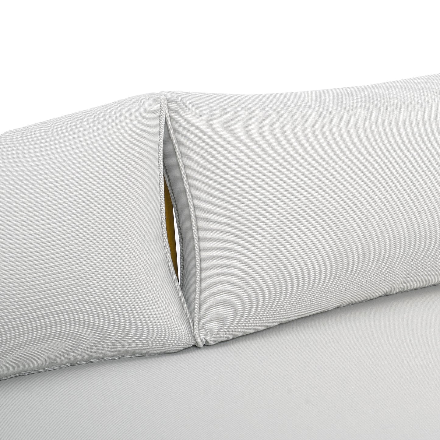 Light gray outdoor sofa cushion with textured fabric and piping detail