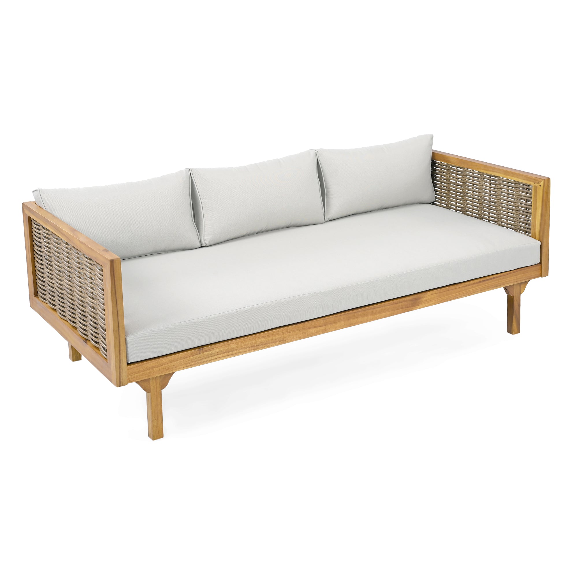 Outdoor wicker sofa with light grey cushions acacia wood frame and woven arms for patio relaxation