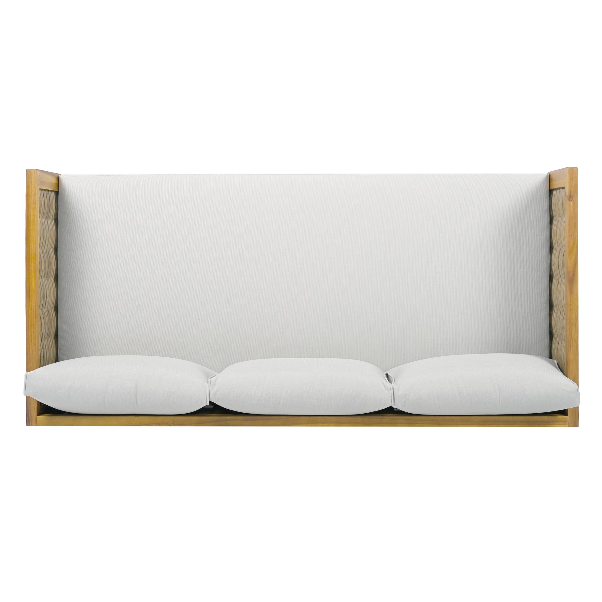 Modern threeseater wood and white cushion sofa with textured sides