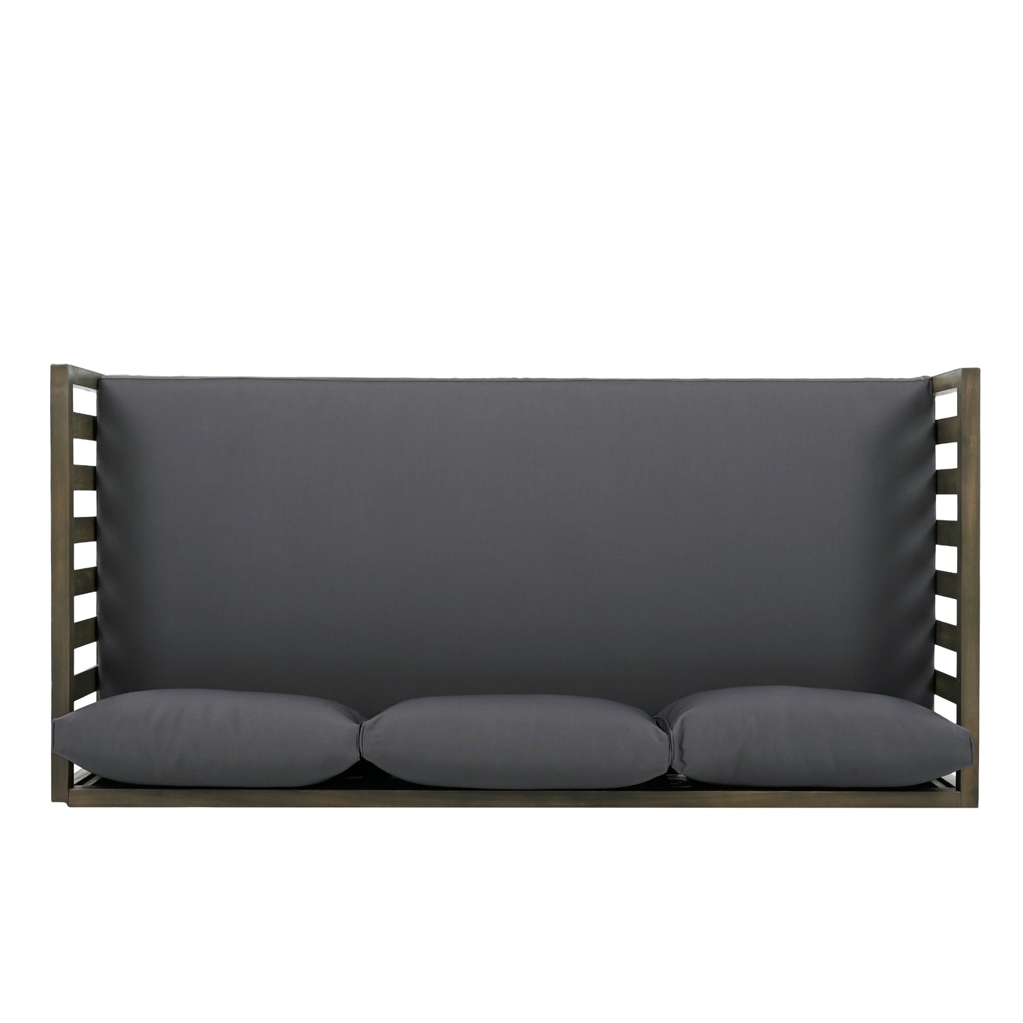 Wooden frame sofa with deep charcoal cushions modern outdoor seating