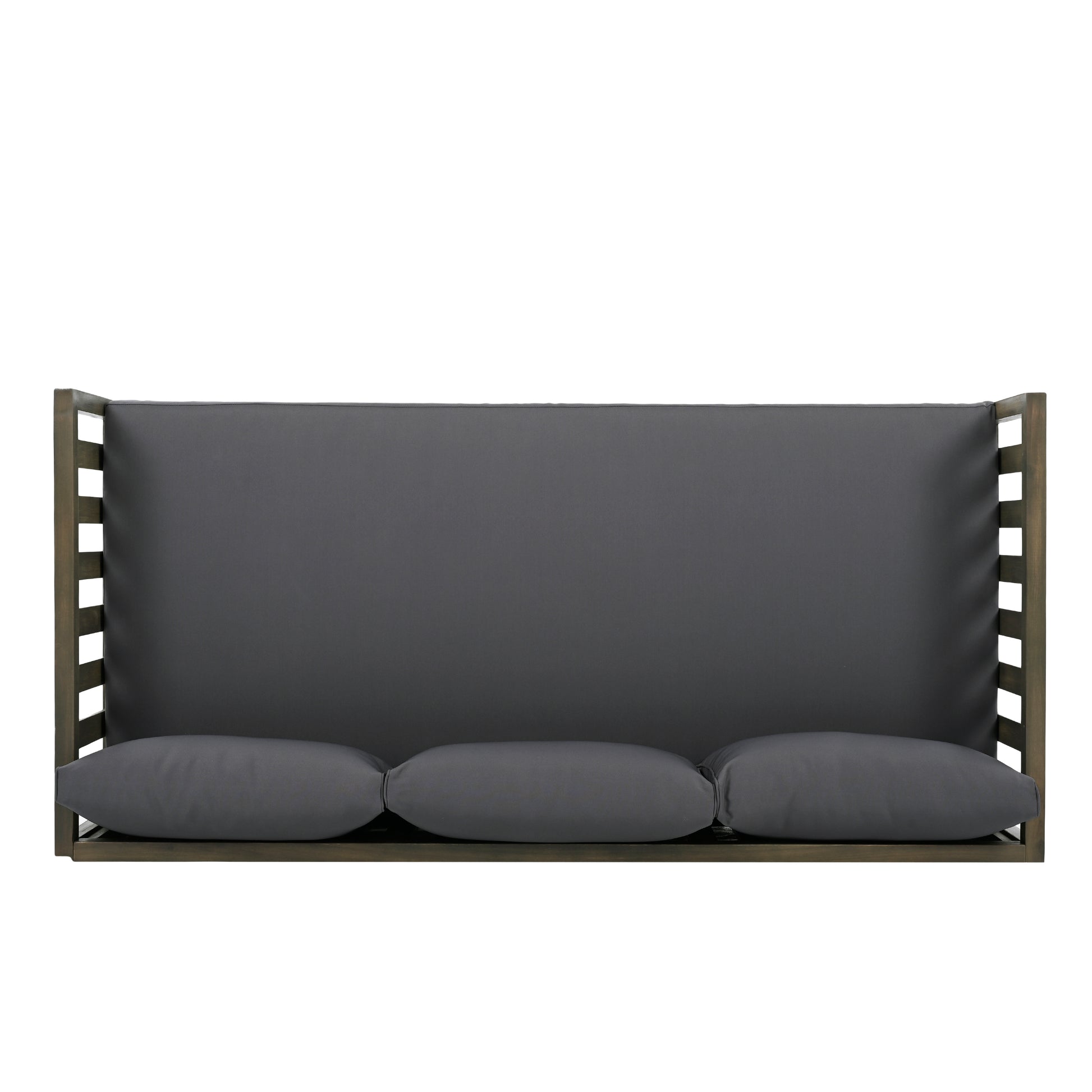 Wooden frame sofa with deep charcoal cushions modern outdoor seating