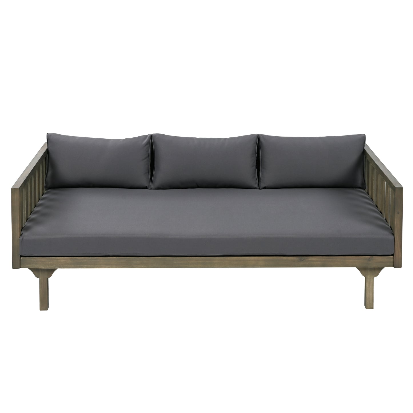 Gray outdoor daybed with slatted wood frame and charcoal cushions