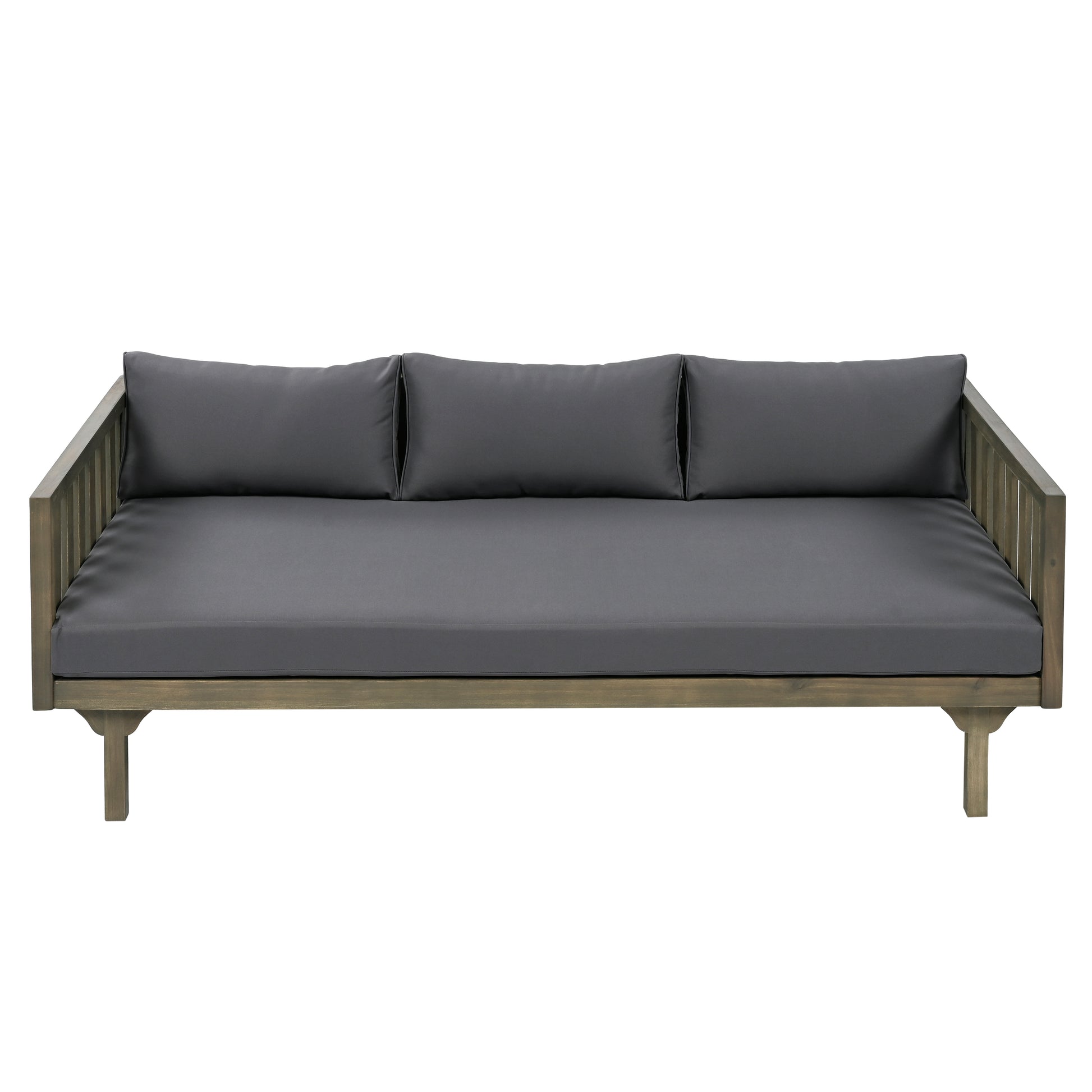 Gray outdoor daybed with slatted wood frame and charcoal cushions