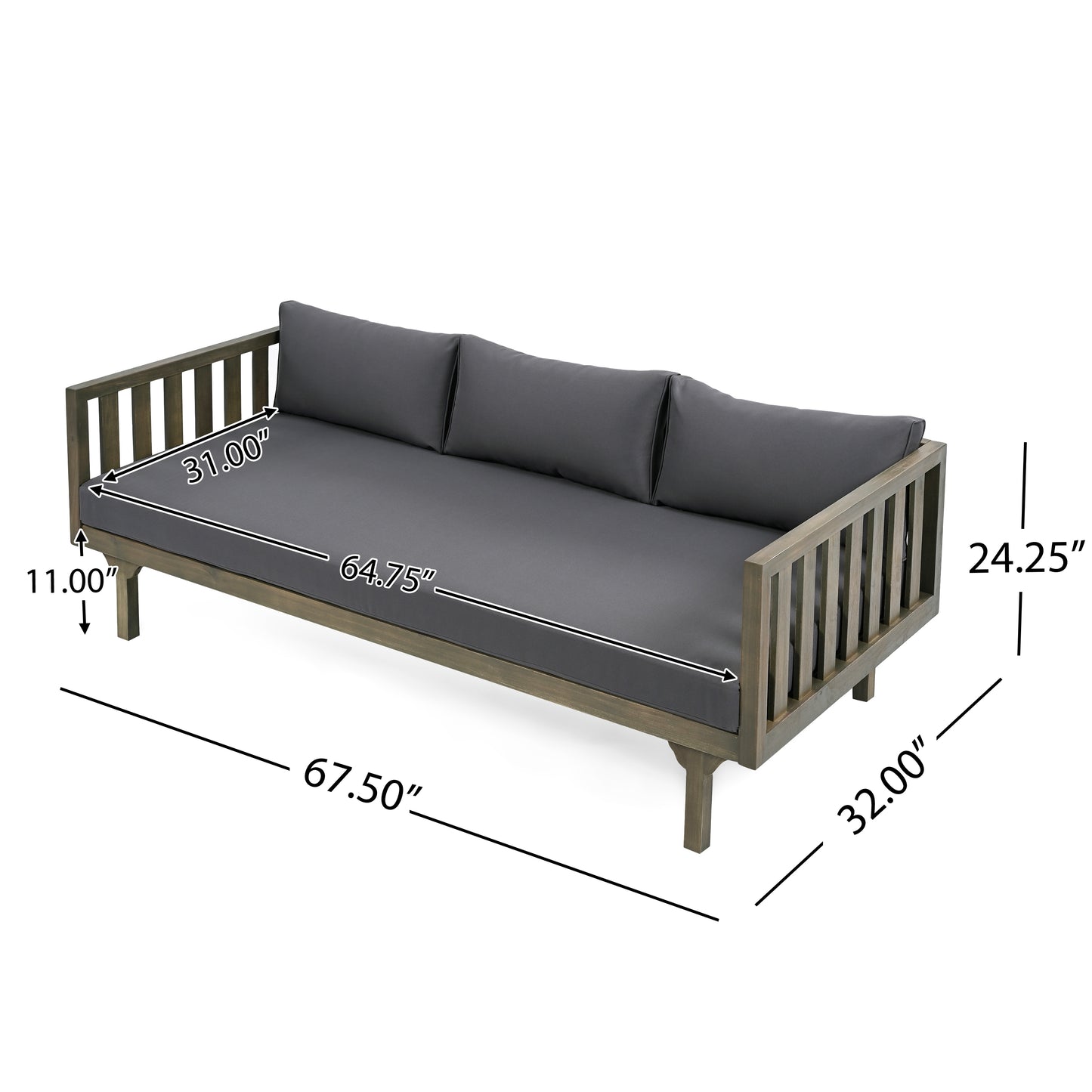 Gray cushioned wooden daybed with slatted armrests and back
