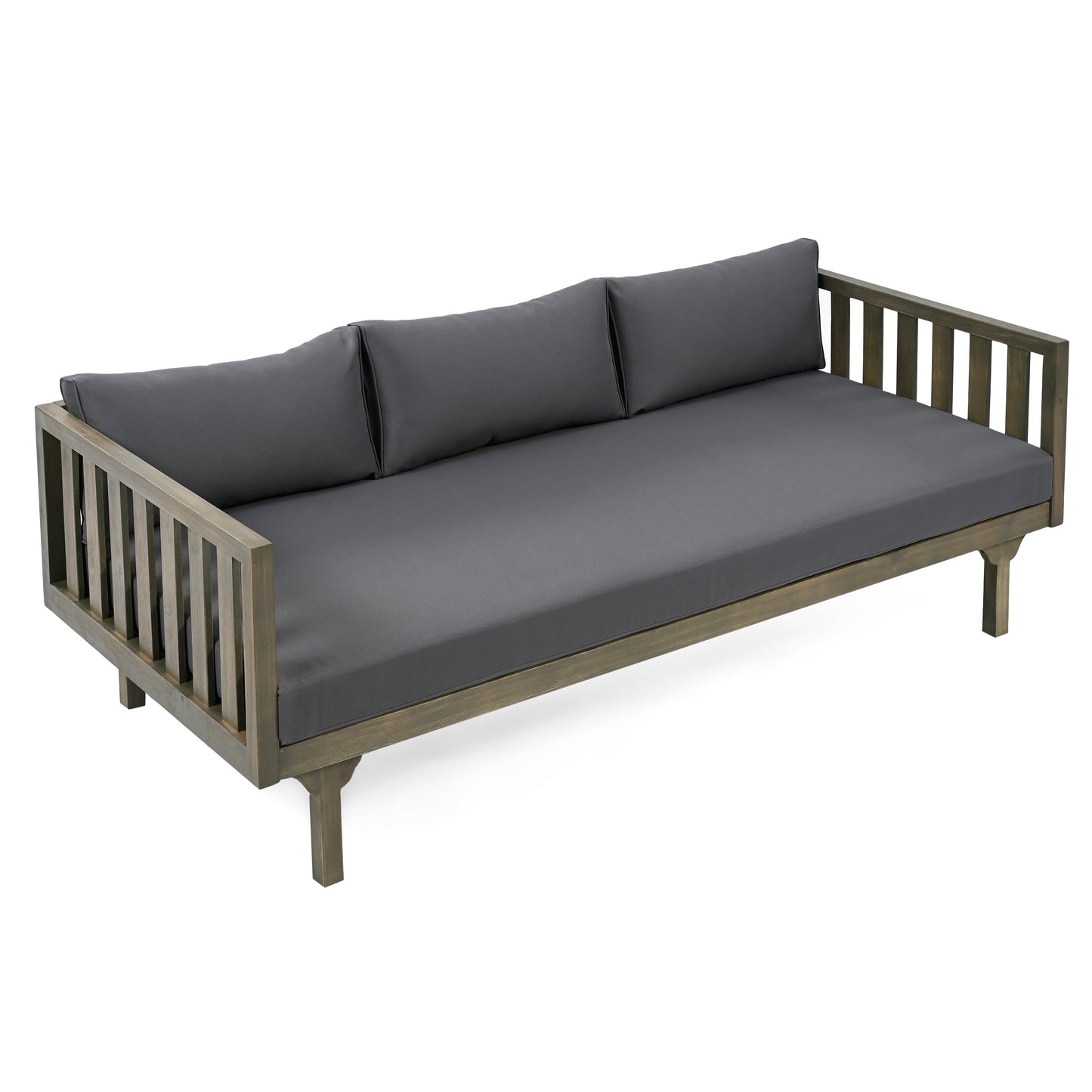 Modern grey outdoor daybed with slatted wood frame and plush cushions