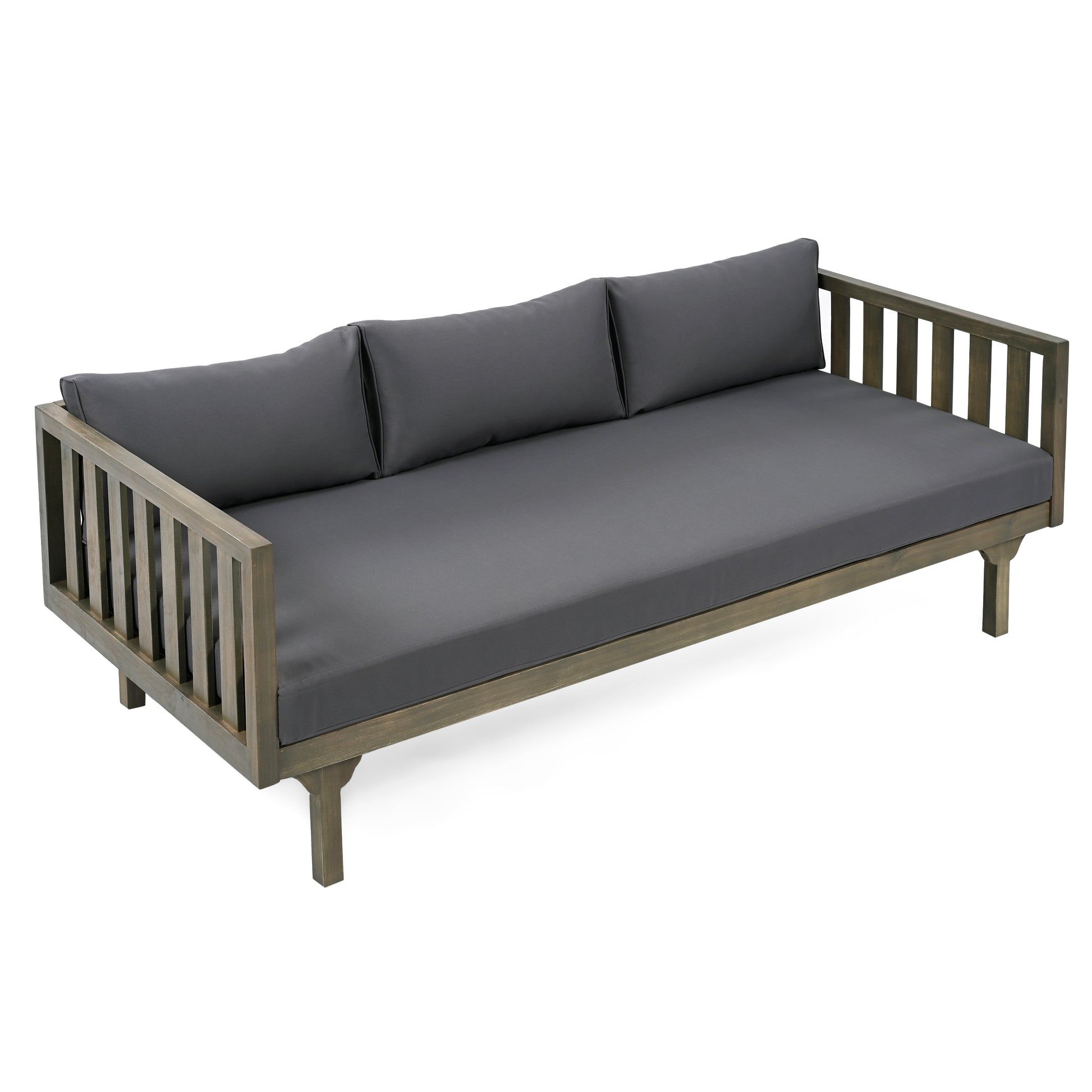 Modern grey outdoor daybed with slatted wood frame and plush cushions