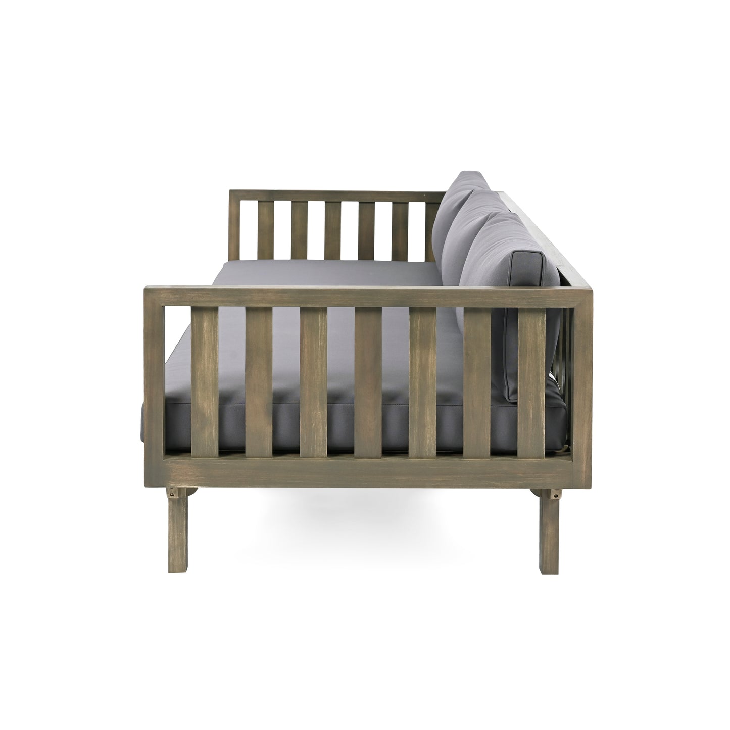 Rustic wood outdoor sofa with grey cushions perfect for patio seating