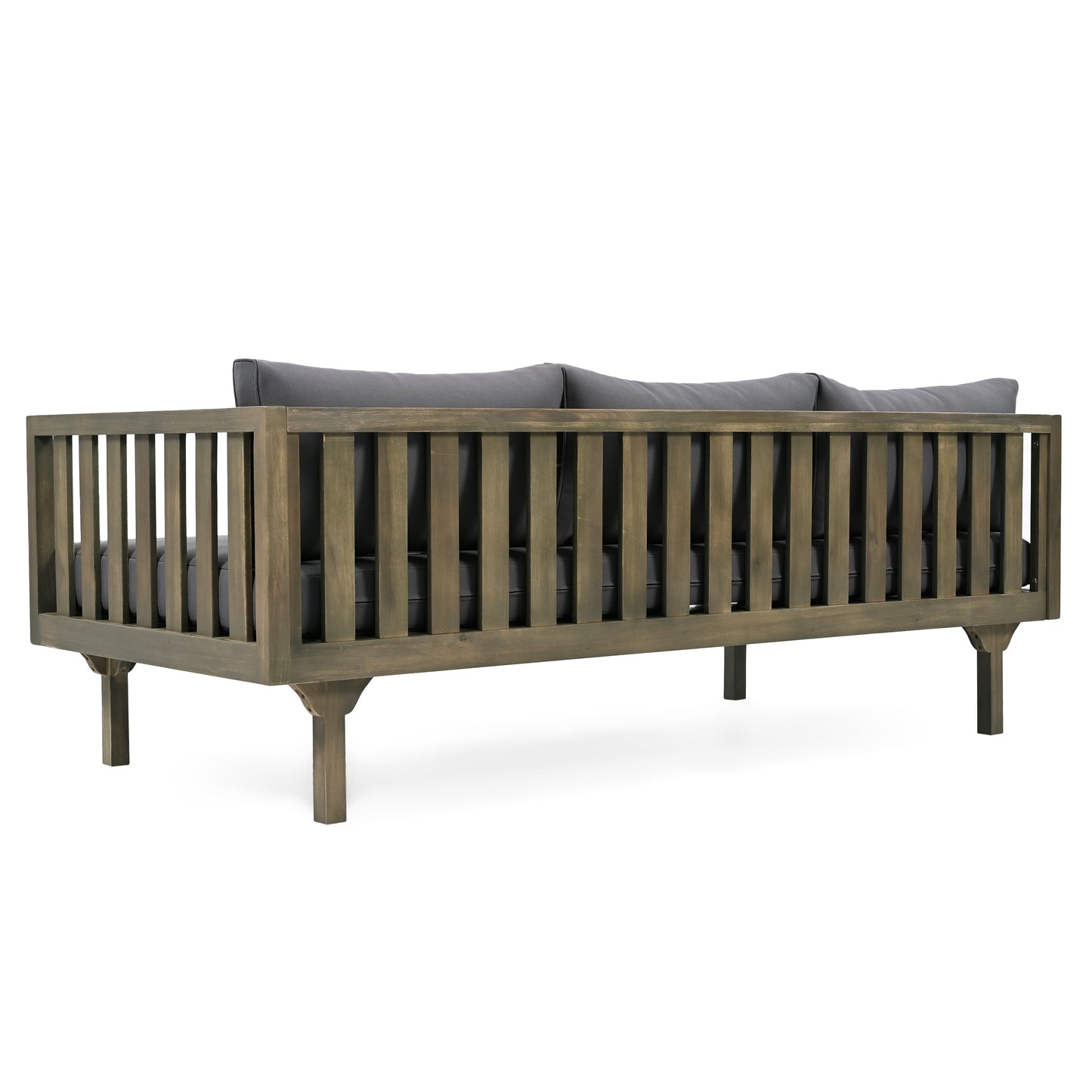 Gray cushioned wooden slatted outdoor daybed with clean lines