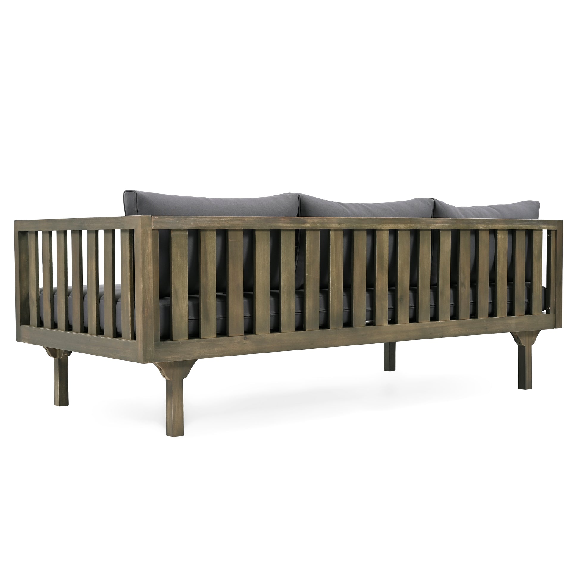 Gray cushioned wooden slatted outdoor daybed with clean lines