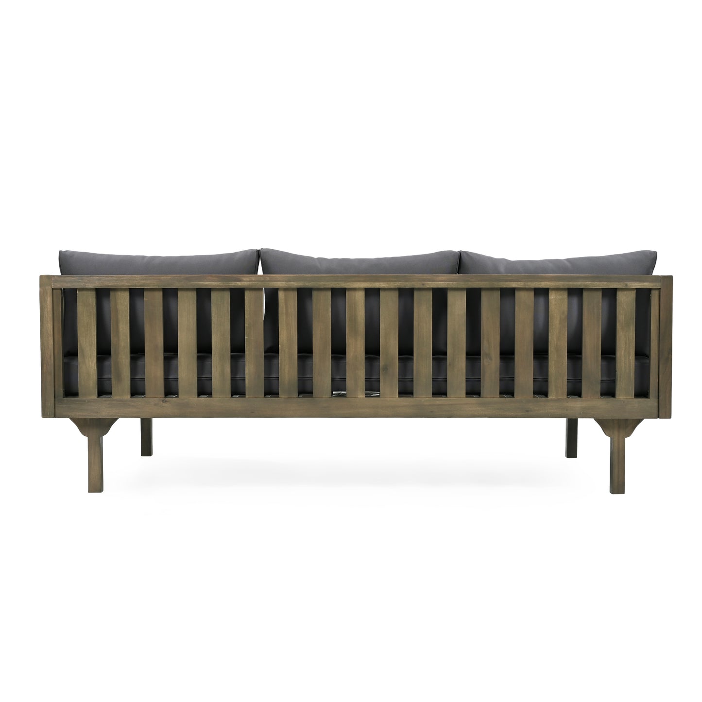 Rustic wooden sofa with charcoal gray cushions perfect for outdoor seating