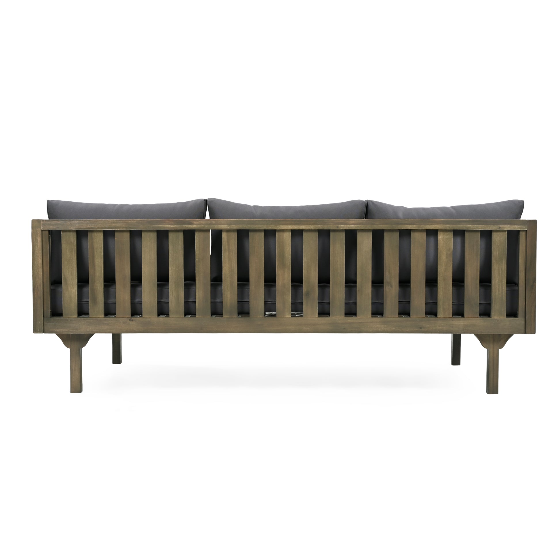 Rustic wooden sofa with charcoal gray cushions perfect for outdoor seating