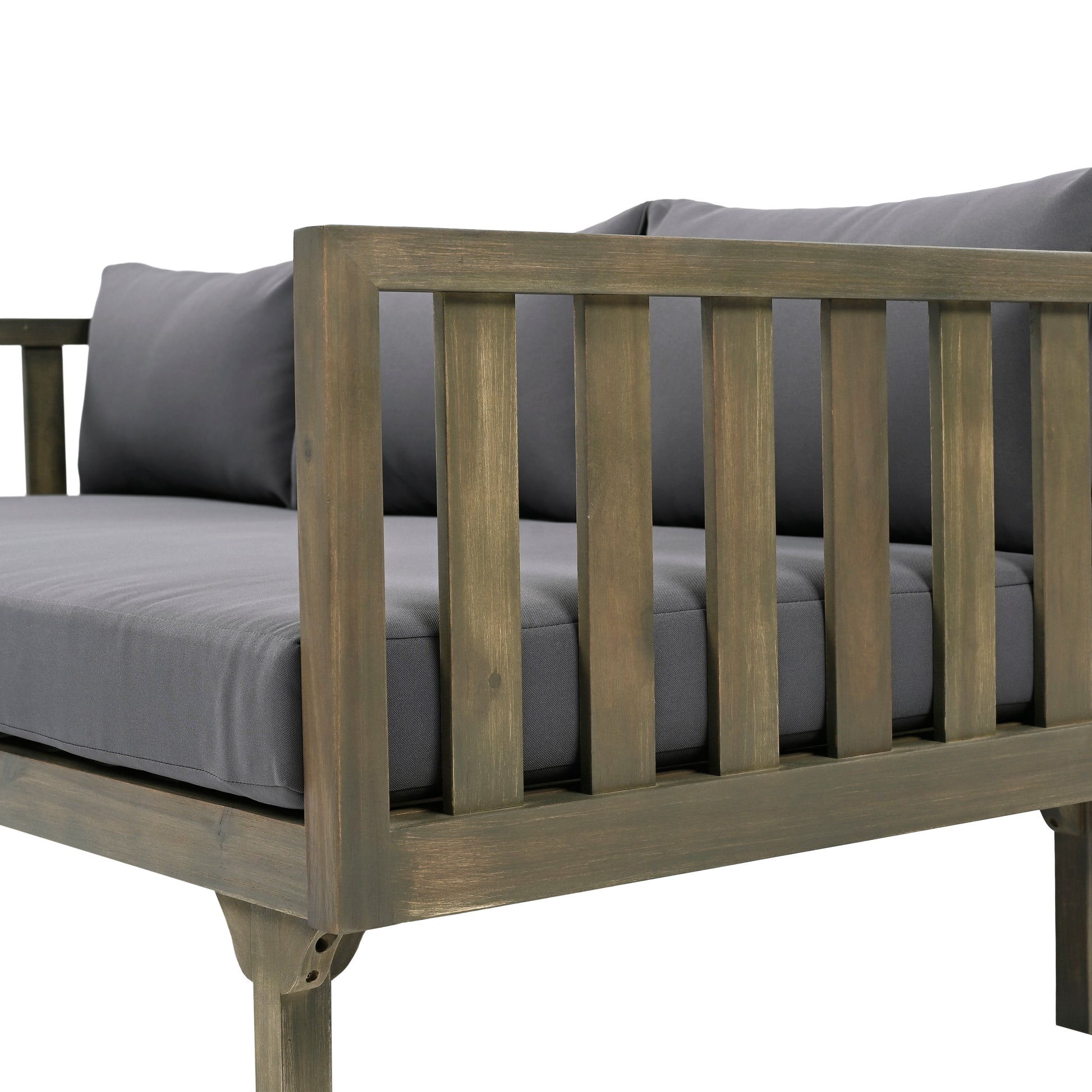 Wooden outdoor loveseat with grey cushions and slatted arms