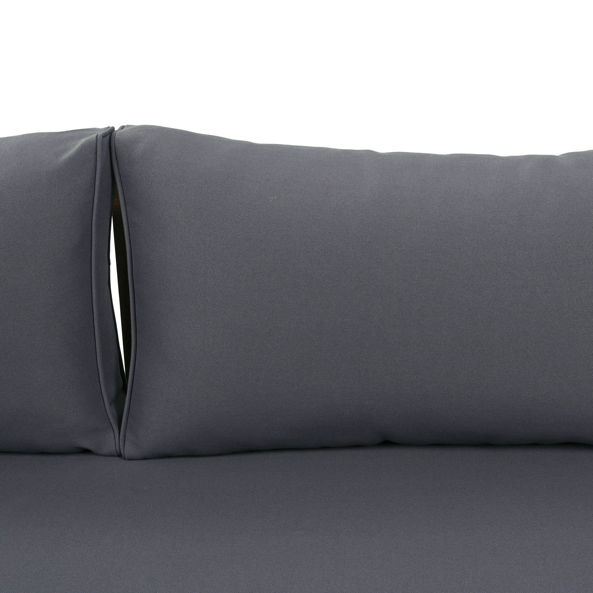 Dark grey outdoor sofa cushion with textured fabric and seamless stitching