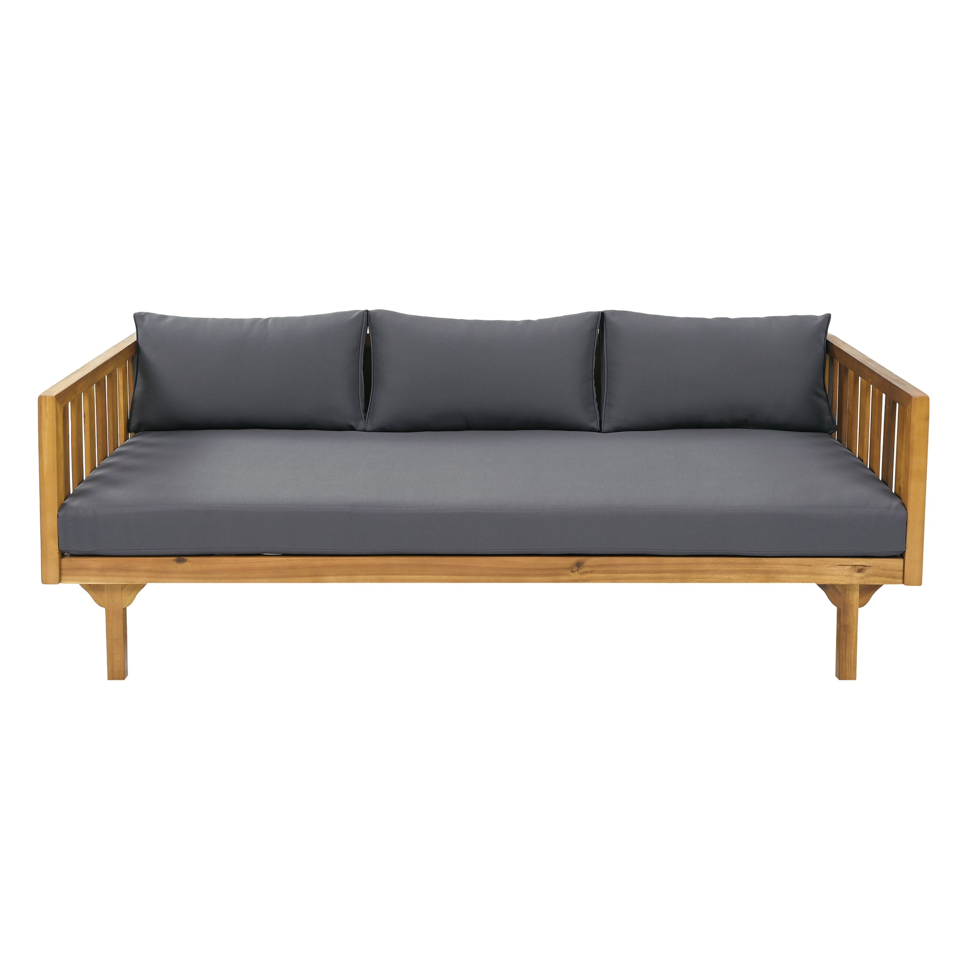 Natural wood outdoor sofa with dark gray cushions and three throw pillows