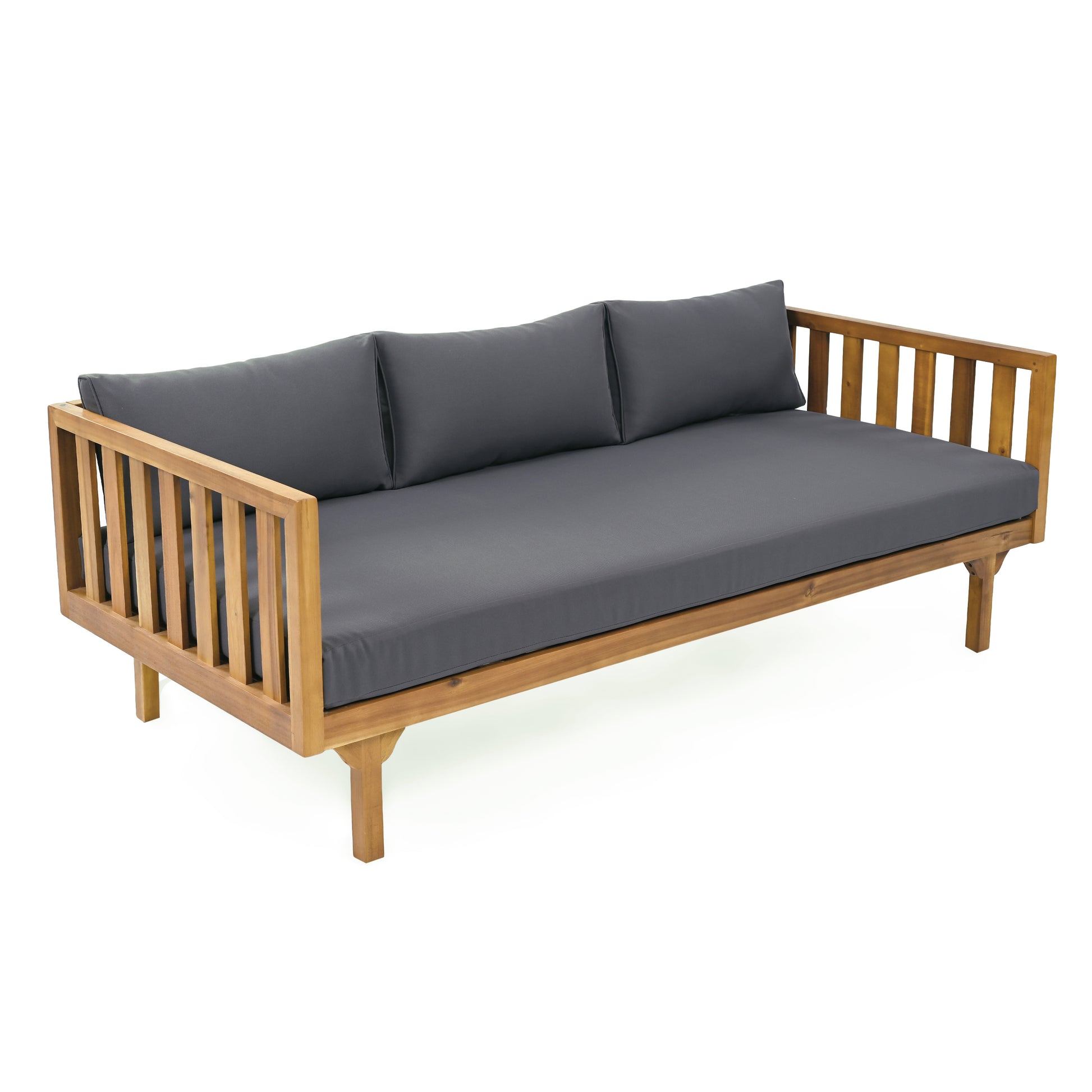 Wooden outdoor daybed with charcoal gray cushions slatted sides and natural wood finish