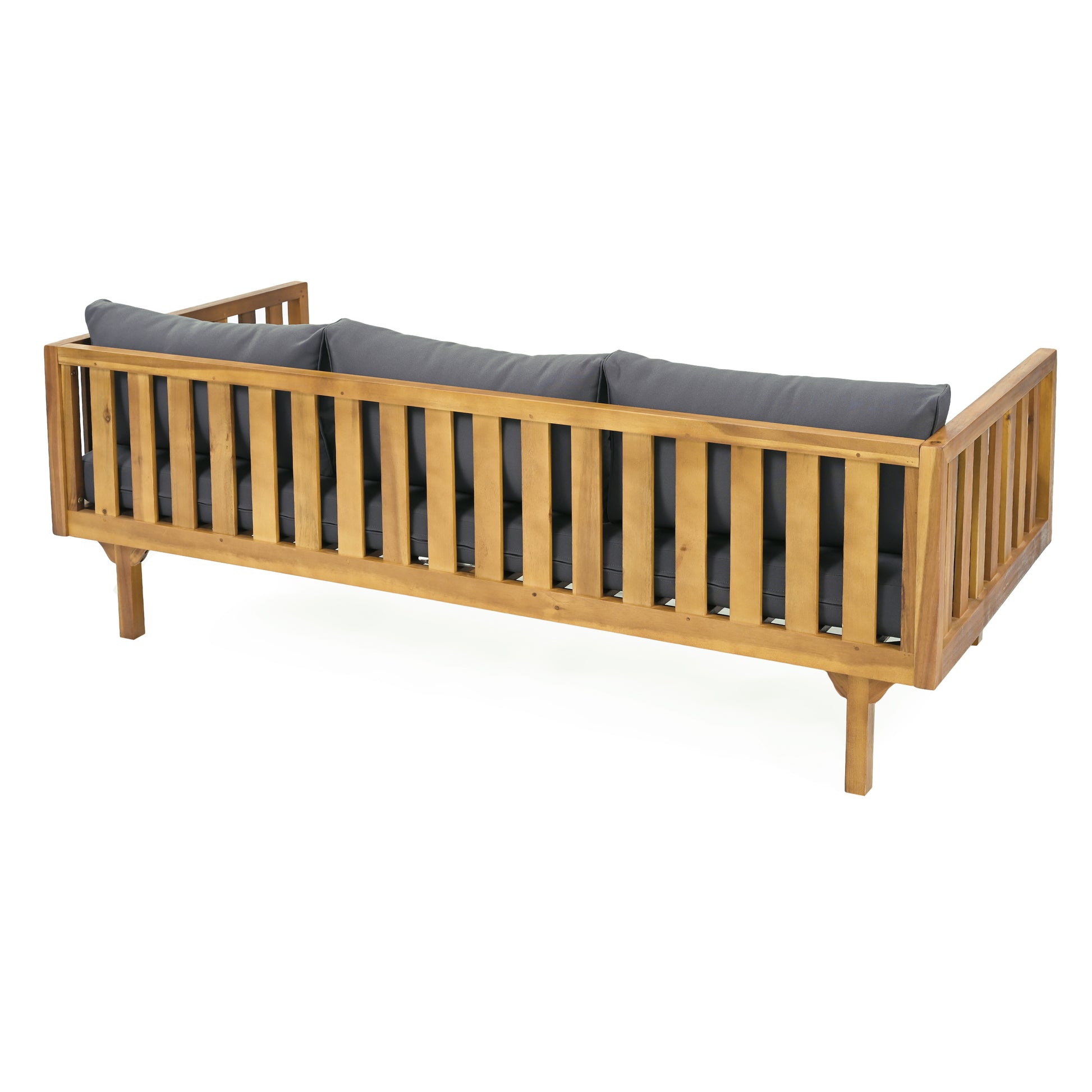 Acacia wood outdoor bench with charcoal gray cushions slatted back design